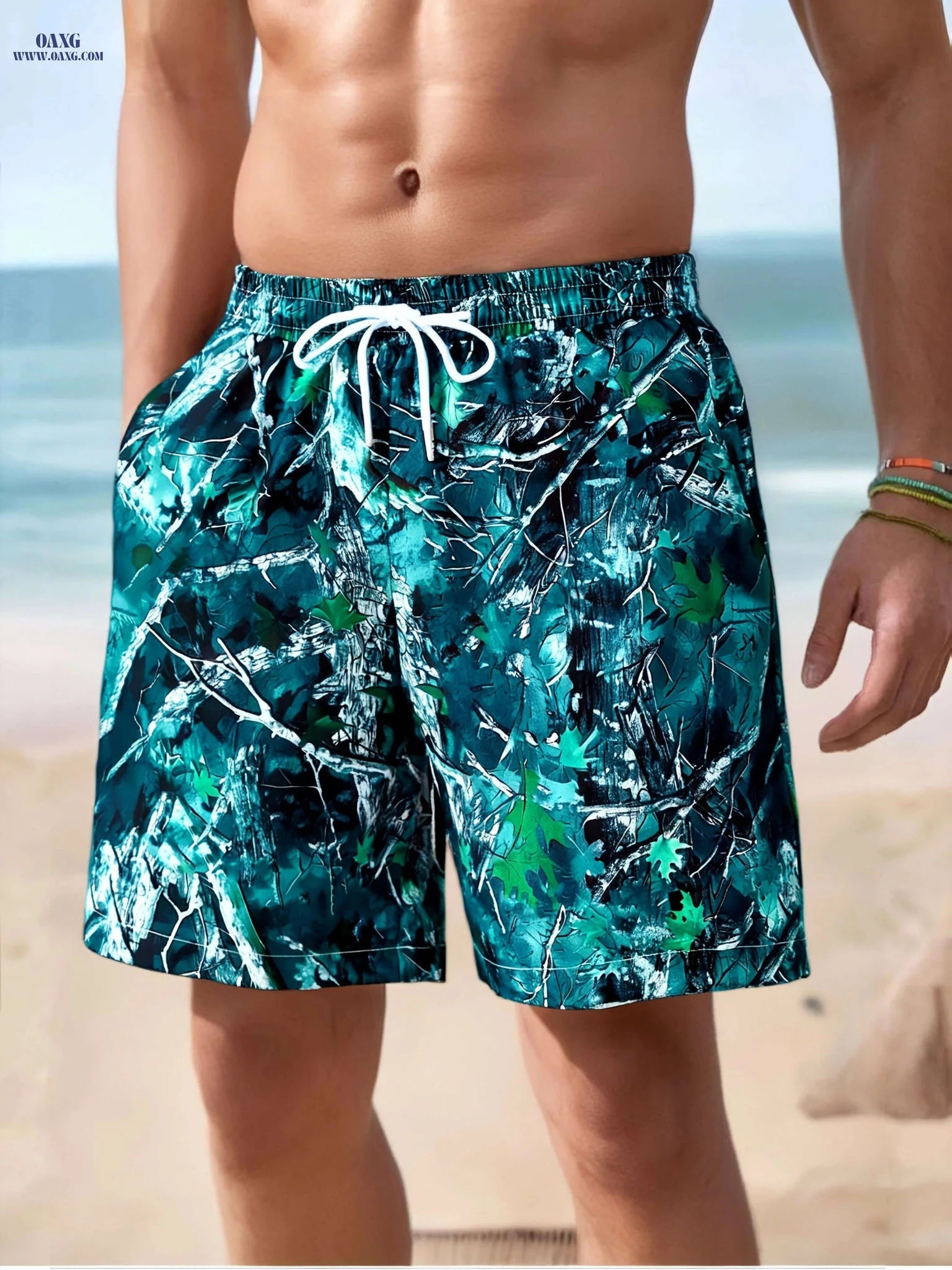 Men's Lightweight Summer Beach Shorts - Camouflage Leaf Print, Loose Fit   OAXG Black / S