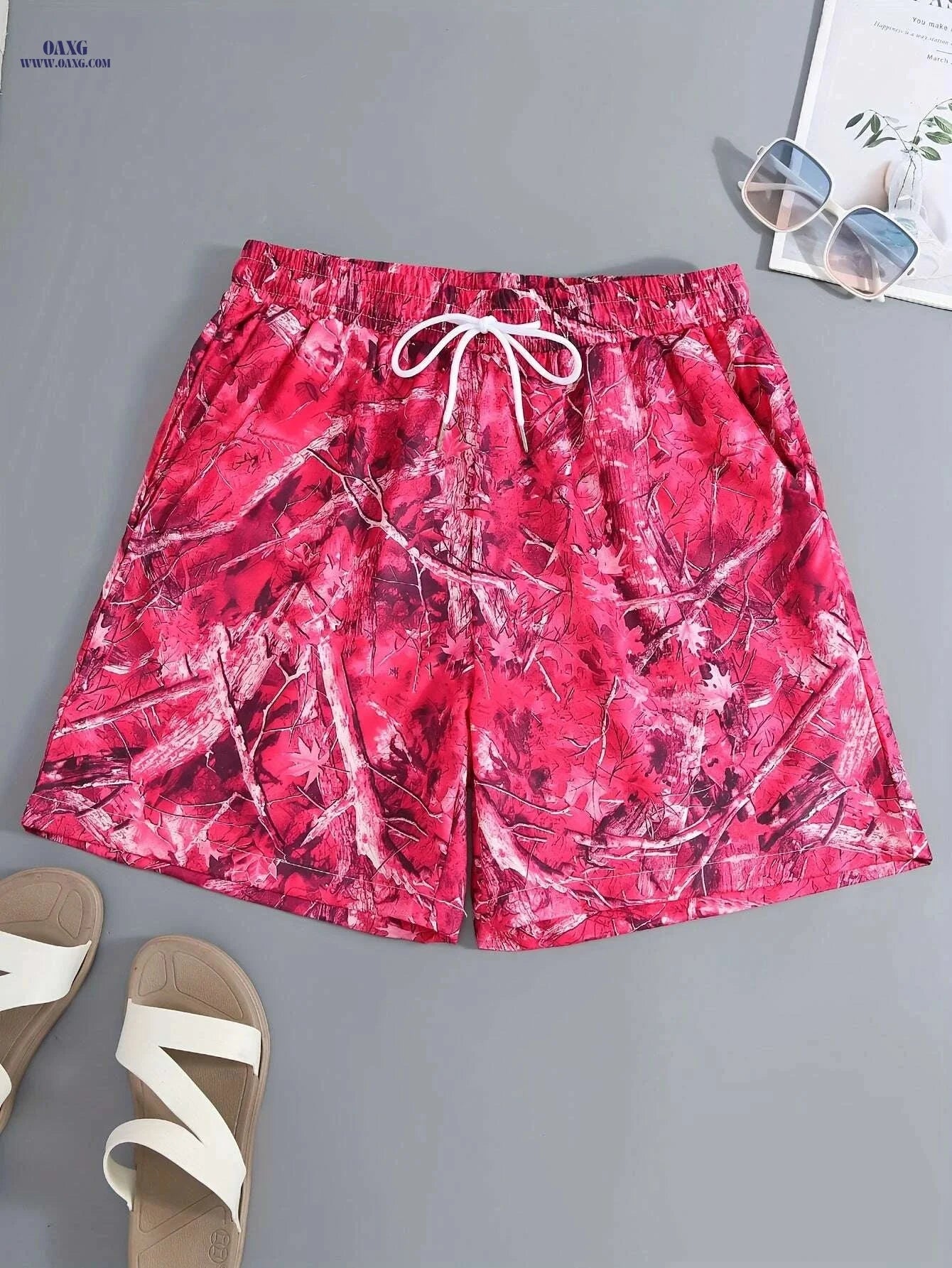 Men's Lightweight Summer Beach Shorts - Camouflage Leaf Print, Loose Fit   OAXG Black / S