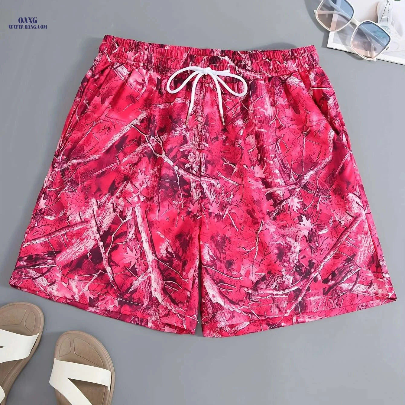Men's Lightweight Summer Beach Shorts - Camouflage Leaf Print, Loose Fit   OAXG 