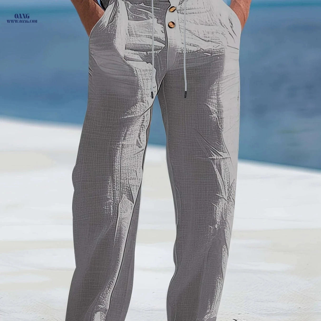 Men's Linen Beach Pants - Lightweight Breathable Casual Trousers   OAXG Khaki / FR S