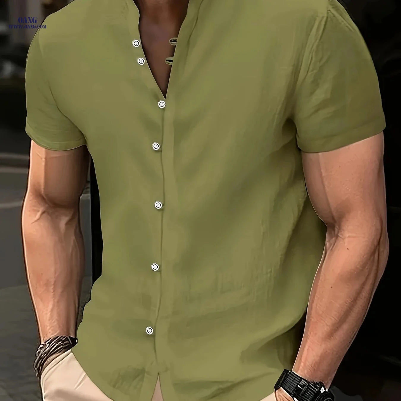Men's Linen Short-Sleeved 7-Button Stand-Up Collar Shirt - Summer Style   OAXG 