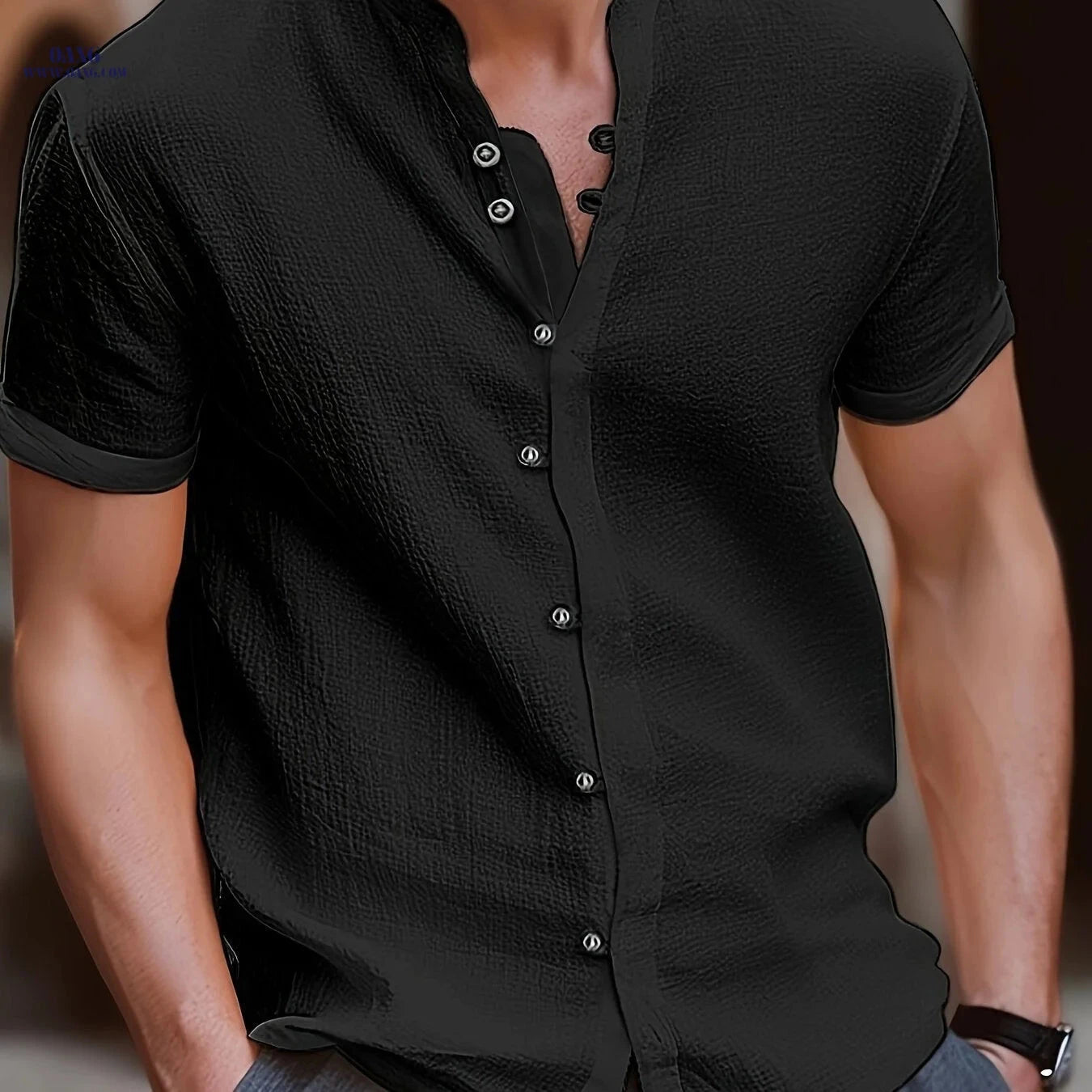 Men's Linen Short-Sleeved 7-Button Stand-Up Collar Shirt - Summer Style   OAXG 