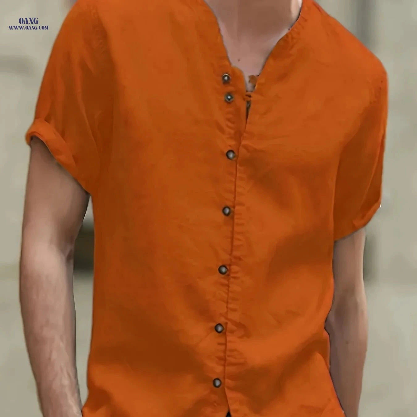 Men's Linen Short-Sleeved 7-Button Stand-Up Collar Shirt - Summer Style   OAXG 