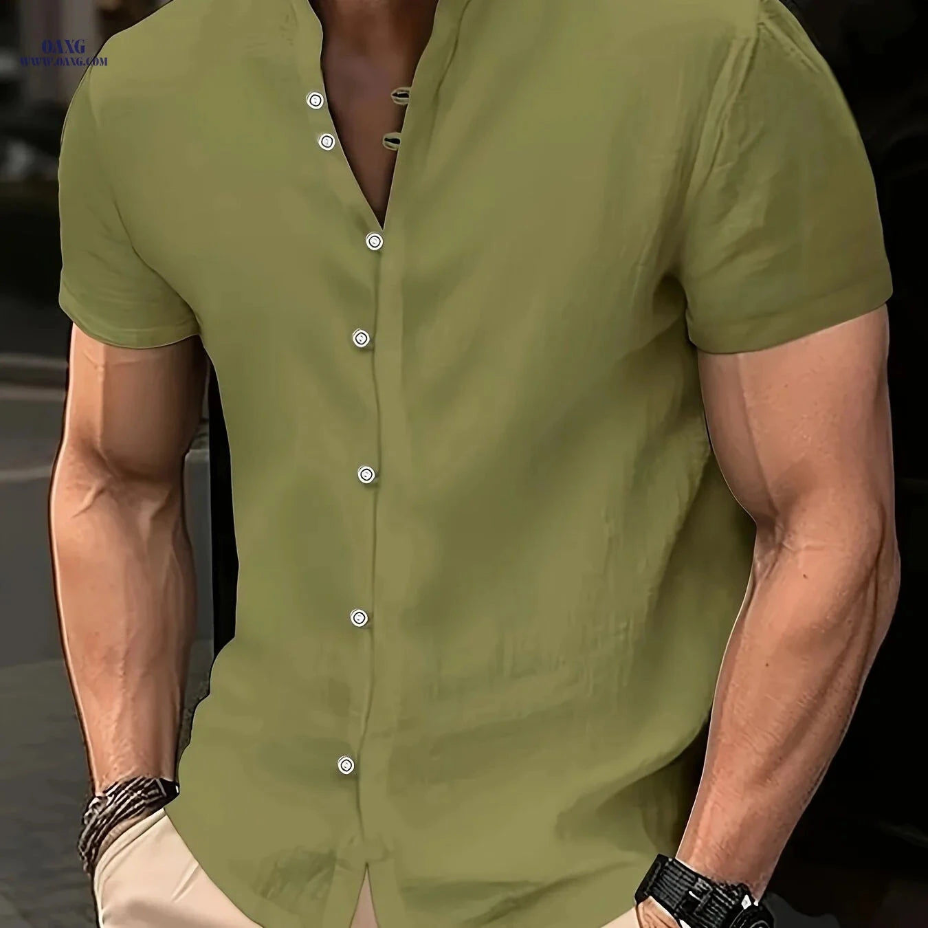Men's Linen Short-Sleeved 7-Button Stand-Up Collar Shirt - Summer Style   OAXG 
