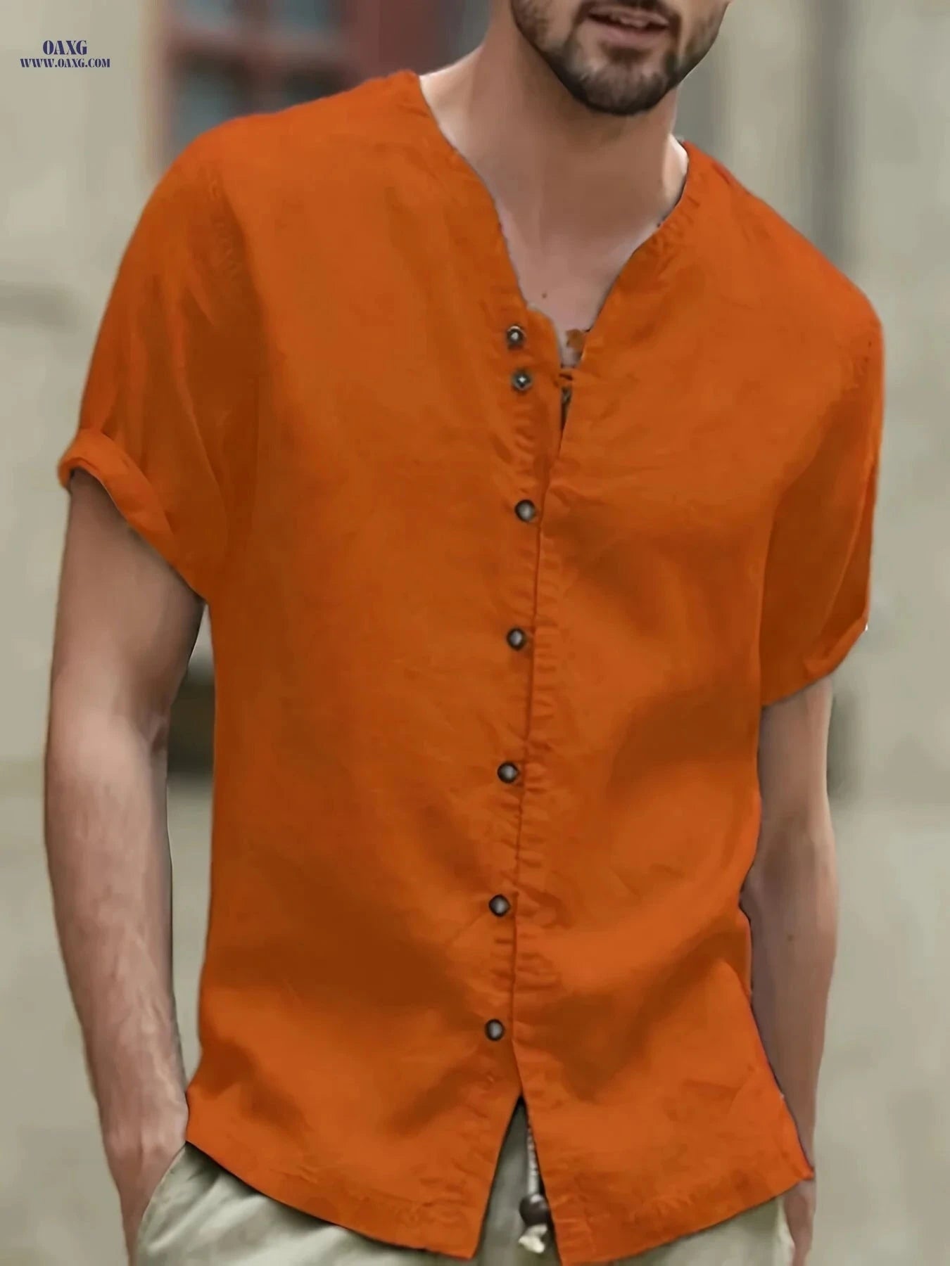 Men's Linen Short-Sleeved 7-Button Stand-Up Collar Shirt - Summer Style   OAXG Khaki / FR S