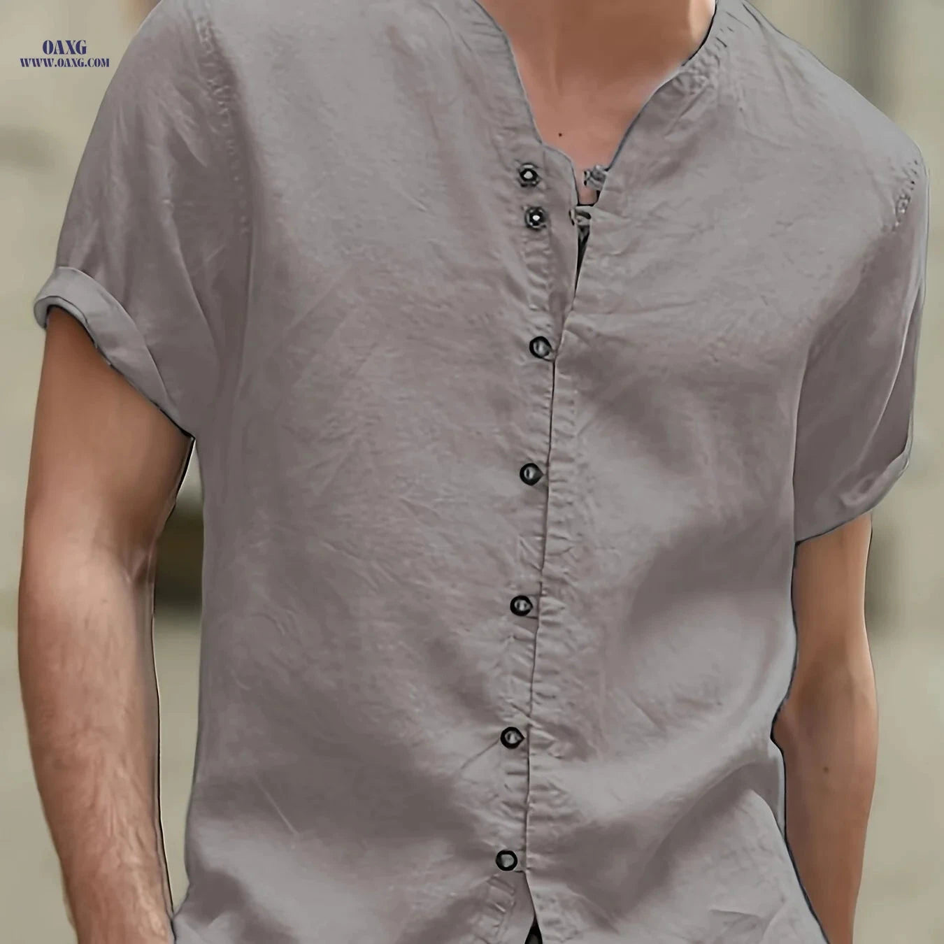 Men's Linen Short-Sleeved 7-Button Stand-Up Collar Shirt - Summer Style   OAXG 