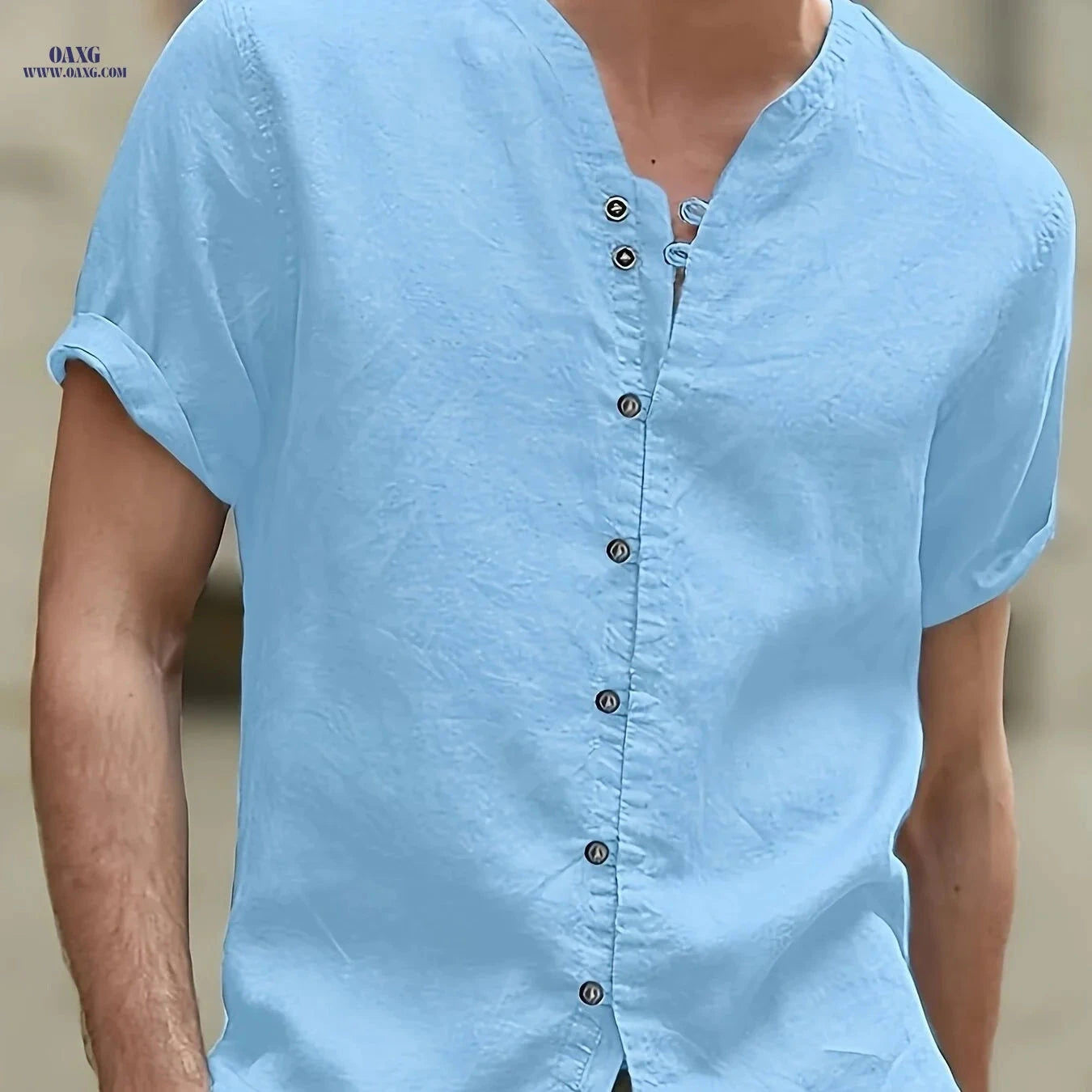 Men's Linen Short-Sleeved 7-Button Stand-Up Collar Shirt - Summer Style   OAXG 