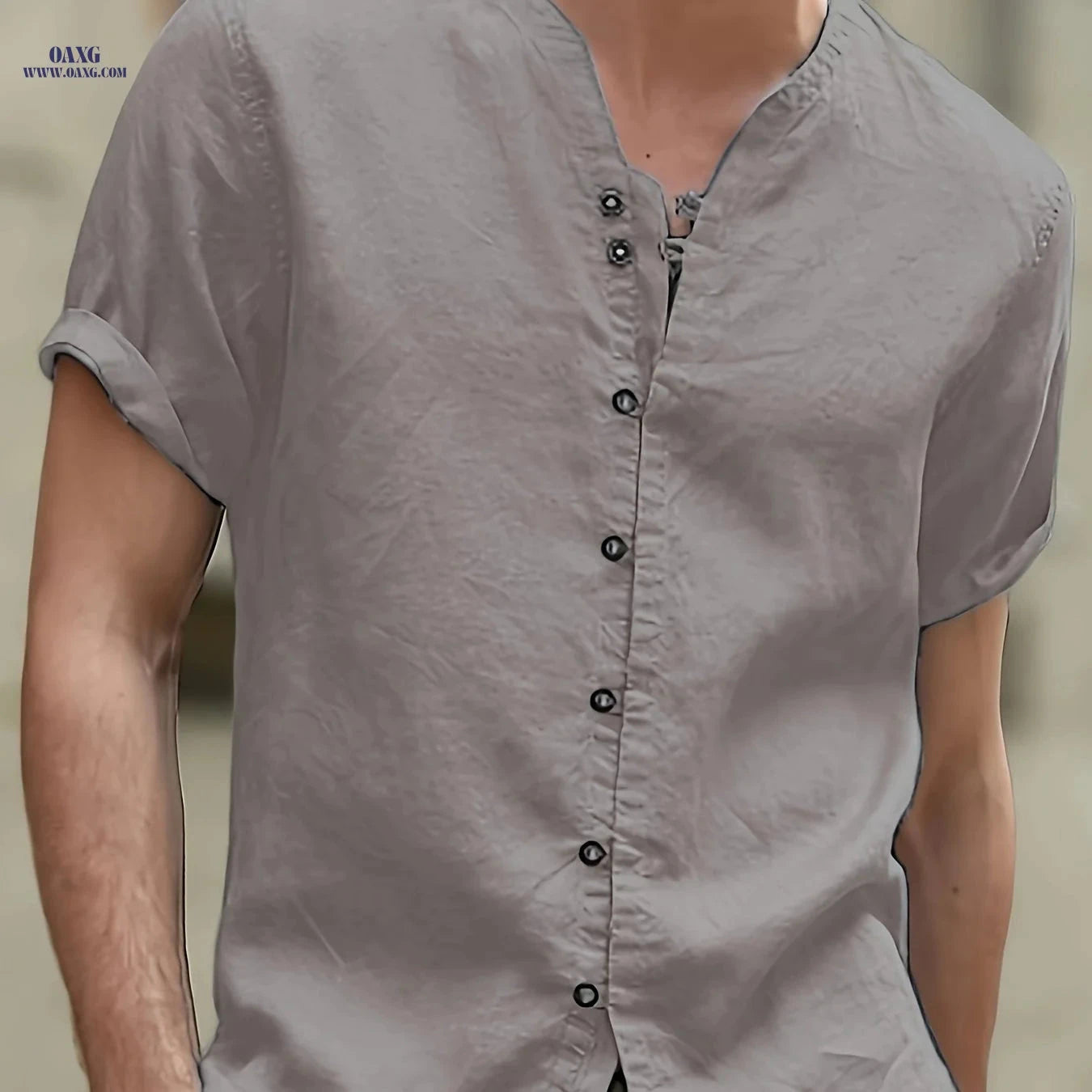 Men's Linen Short-Sleeved Shirt - 7-Button Stand-Up Collar, Summer Style   OAXG 