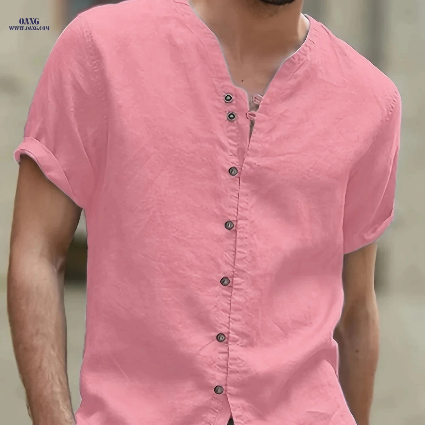 Men's Linen Short-Sleeved Shirt - 7-Button Stand-Up Collar, Summer Style   OAXG Khaki / FR S