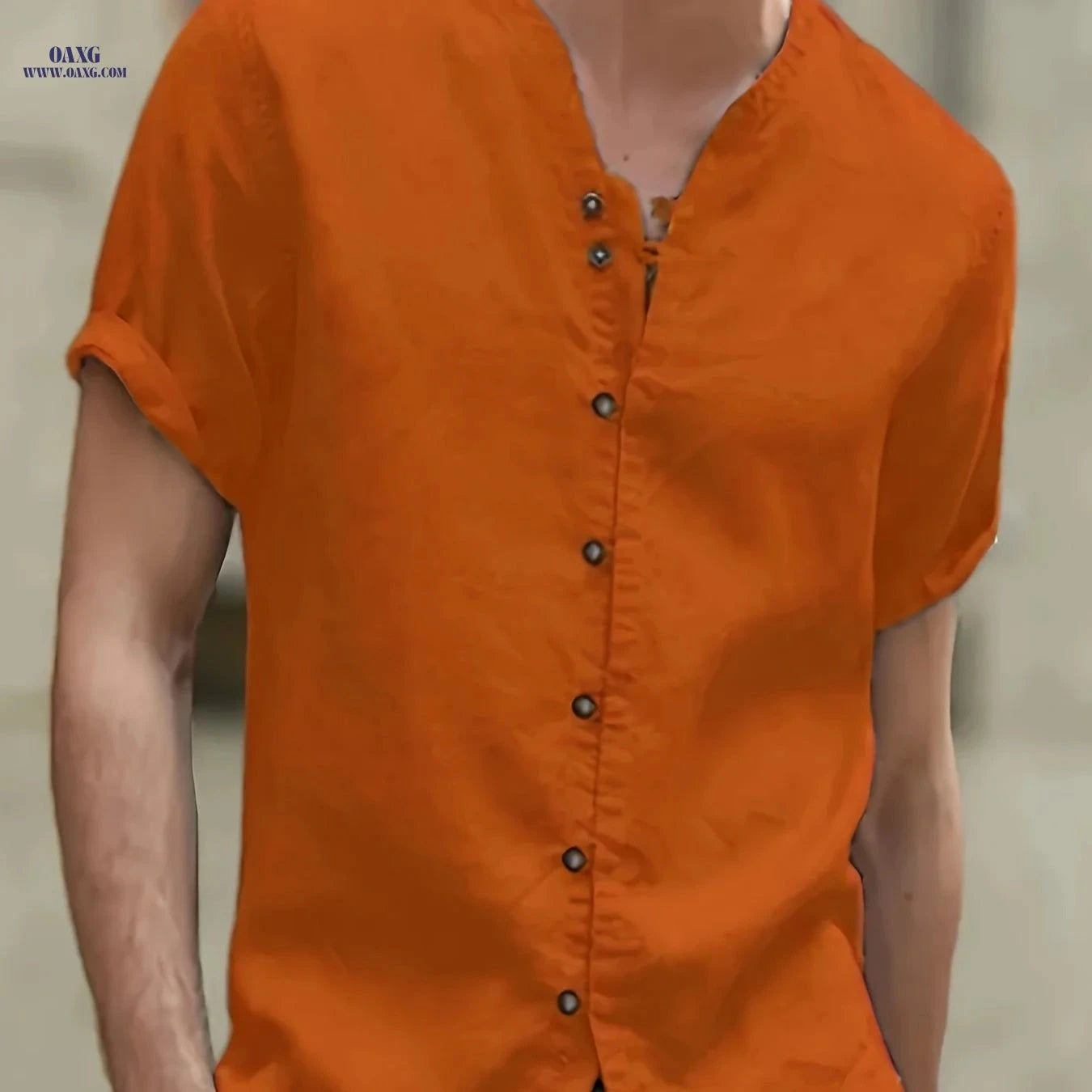 Men's Linen Short-Sleeved Shirt - 7-Button Stand-Up Collar, Summer Style   OAXG Khaki / FR S