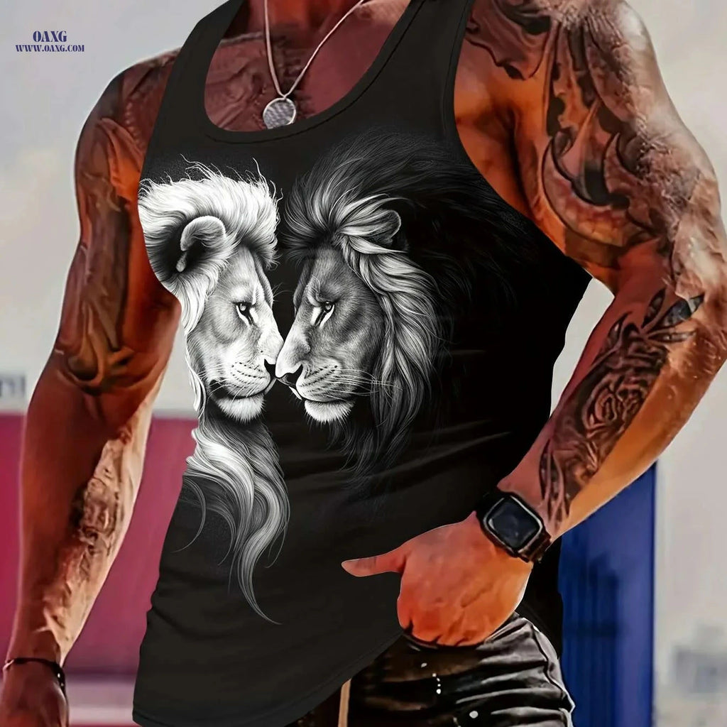 Men's Lion Graphic Print Tank Top - Slim Fit, Summer Style   OAXG 
