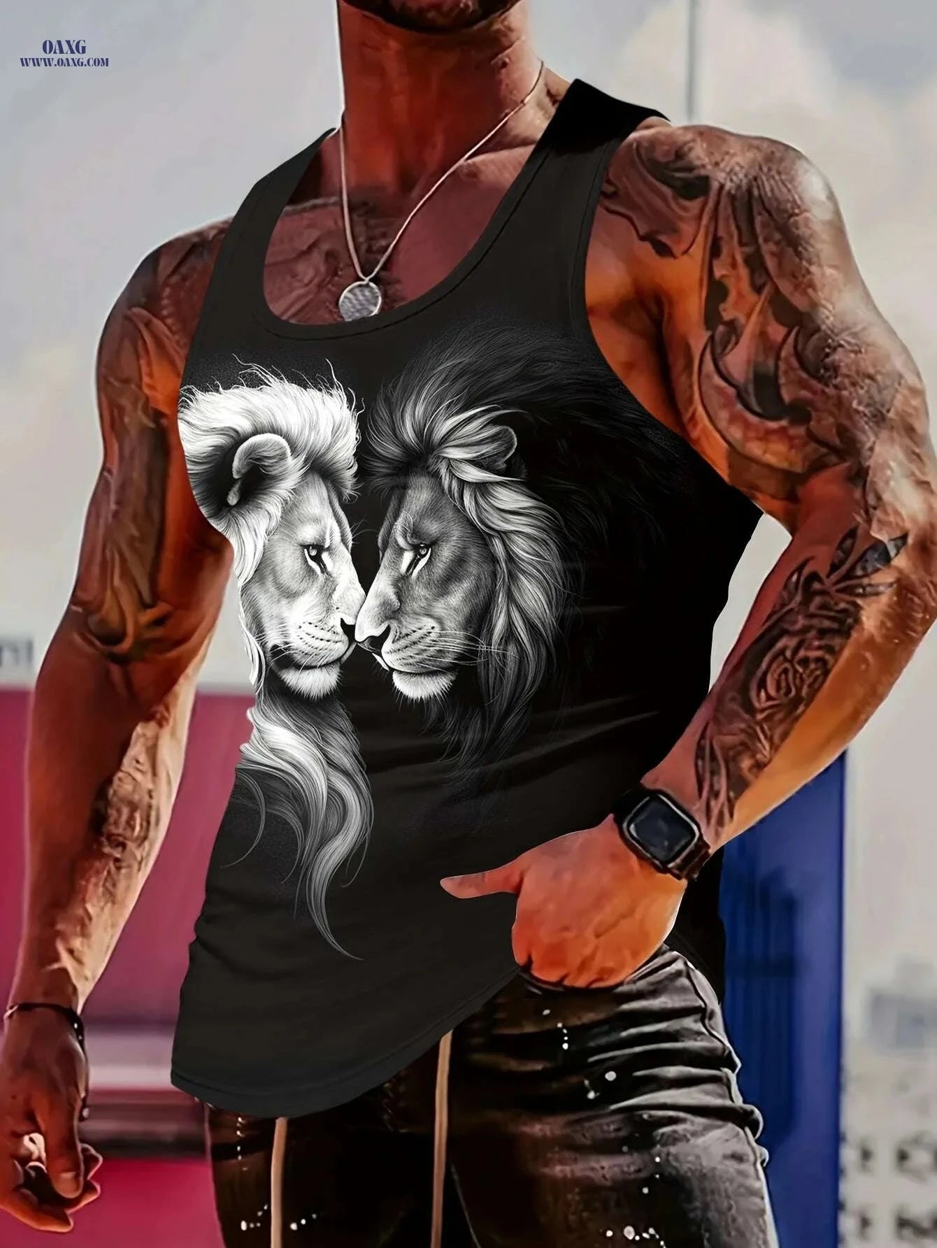 Men's Lion Graphic Print Tank Top - Slim Fit, Summer Style   OAXG 