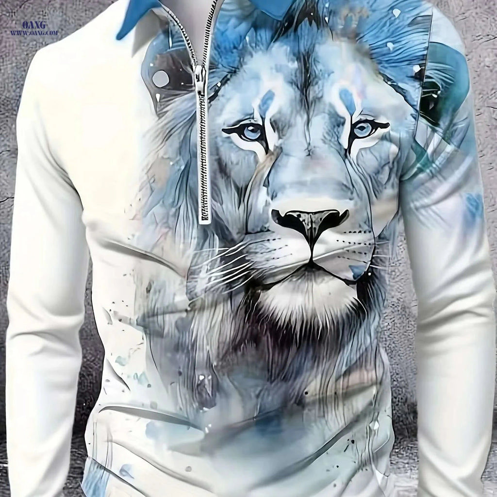 Men's Lion Graphic Zip-Up Polo Shirt - 3D Print Casual Fashion   OAXG Mixed Color / M
