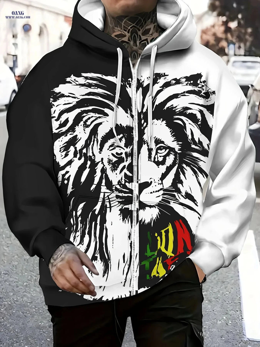 Men's Lion Print Zip-Up Hoodie - Stylish Casual Winter Jacket   OAXG 