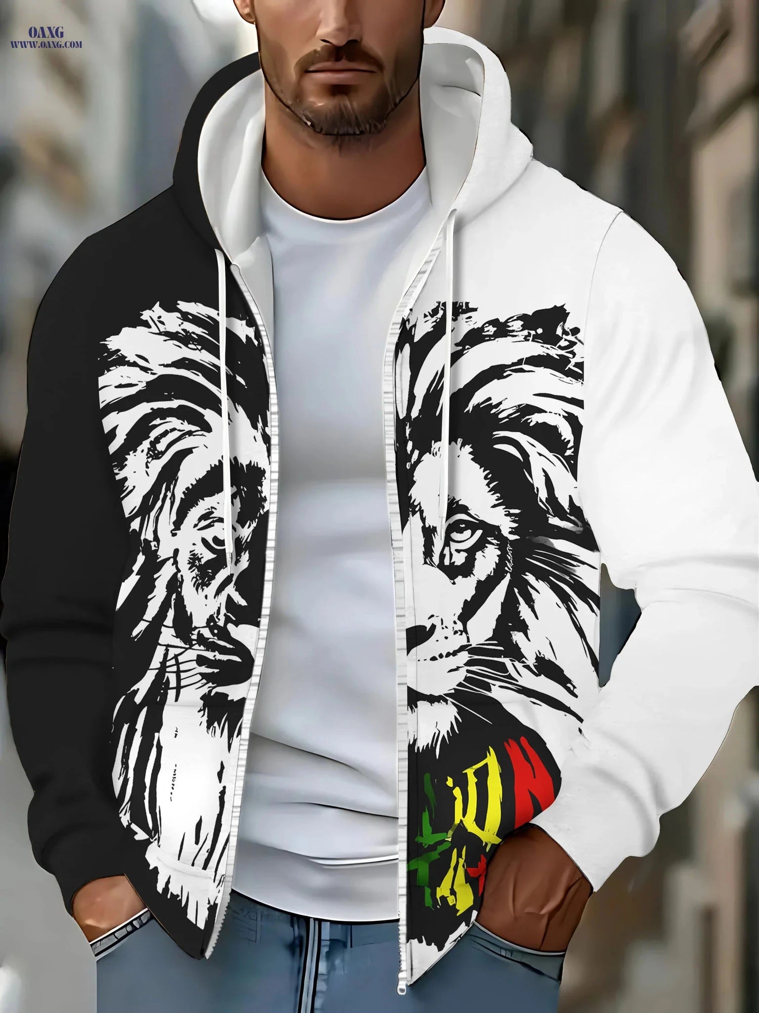 Men's Lion Print Zip-Up Hoodie - Stylish Casual Winter Jacket   OAXG 