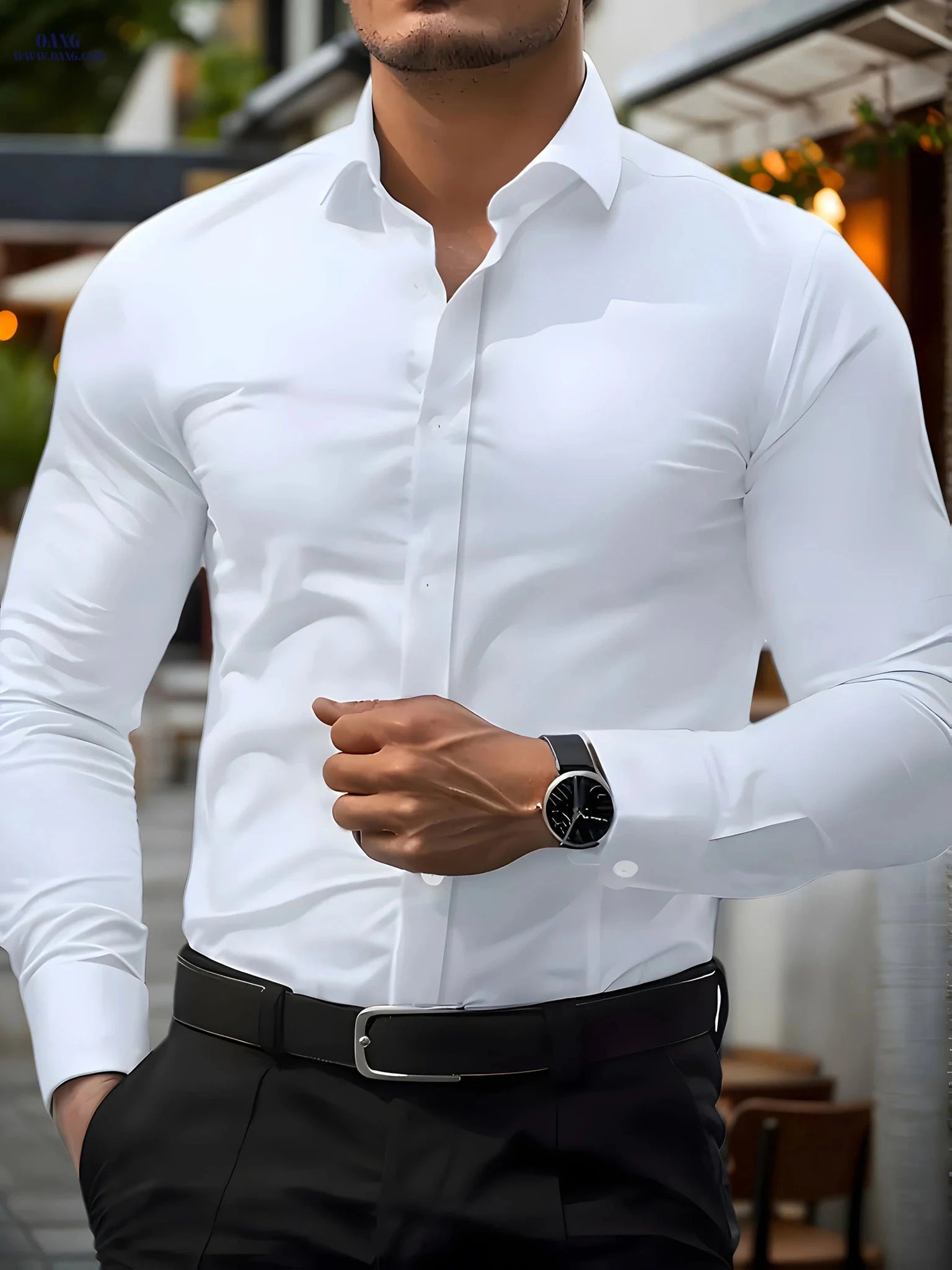 Men's Long Sleeve Business Casual Shirt - Solid White, Slight Stretch Fabric   OAXG 