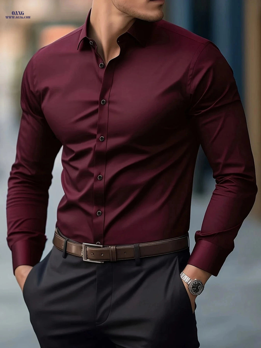 Men's Long Sleeve Business Shirt - Wrinkle-Free Casual Style   OAXG 