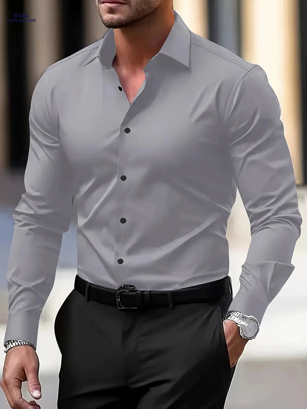 Men's Long Sleeve Business Shirt - Wrinkle-Free Casual Style   OAXG 