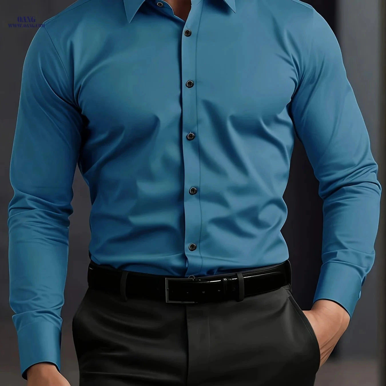 Men's Long Sleeve Business Shirt - Wrinkle-Free Casual Style   OAXG Navy Color / FR S