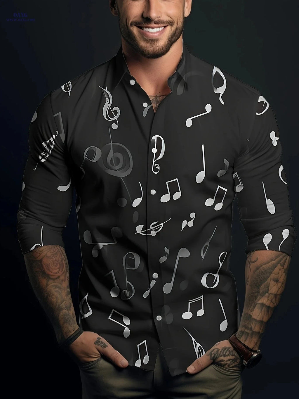 Men's Long Sleeve Casual Shirt - Breathable Music Note Print   OAXG 