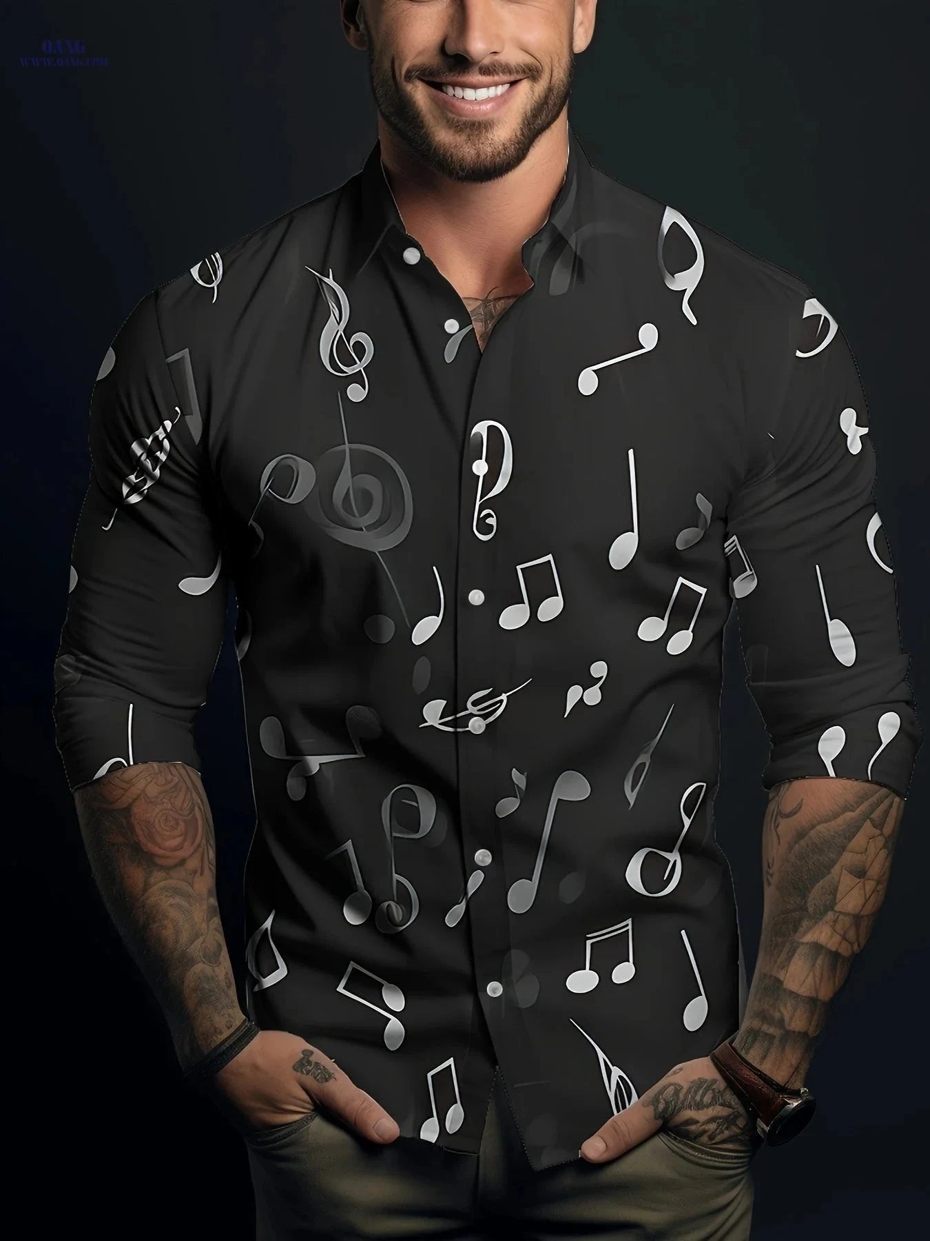 Men's Long Sleeve Casual Shirt - Breathable Music Note Print   OAXG 