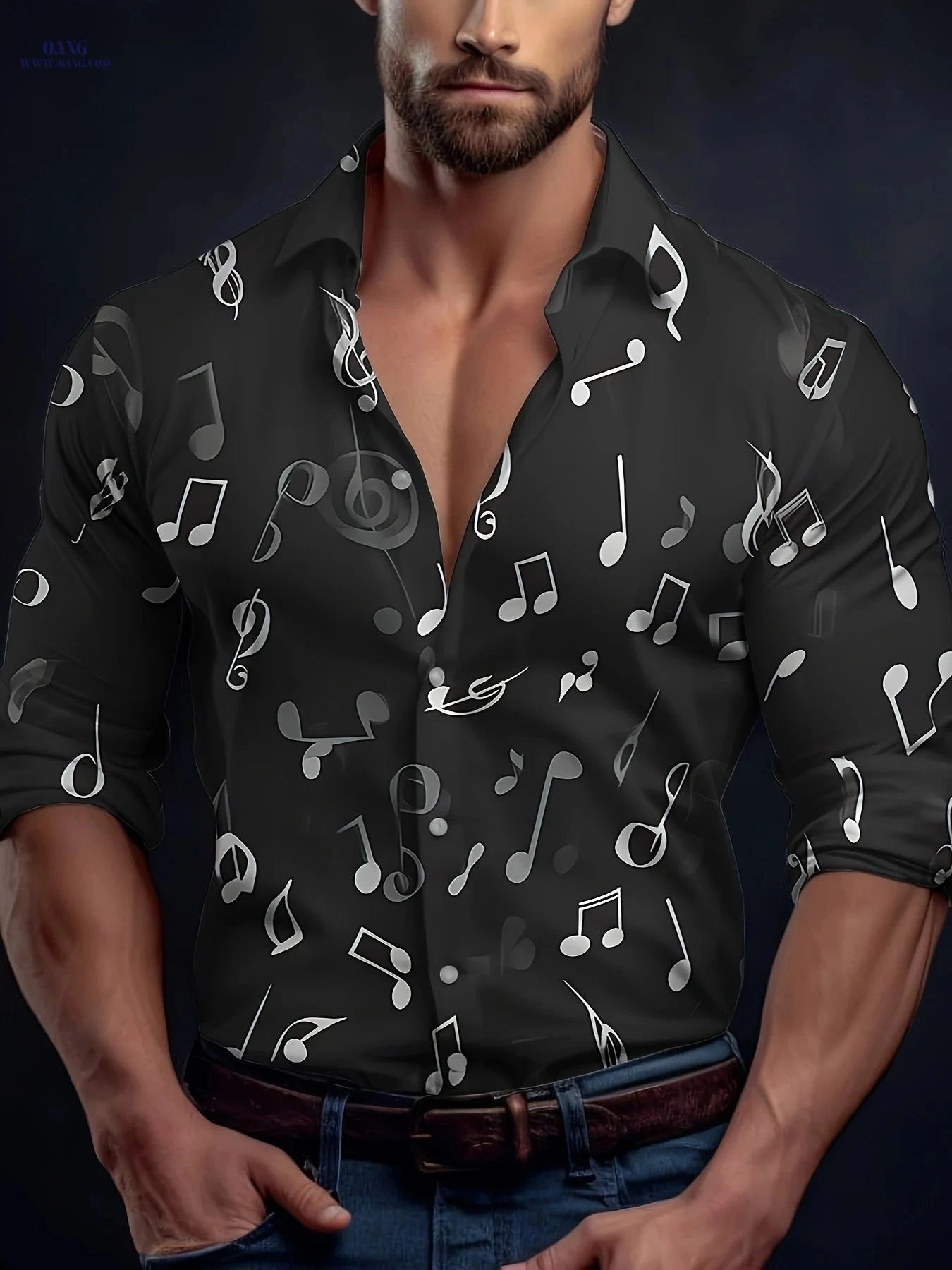 Men's Long Sleeve Casual Shirt - Breathable Music Note Print   OAXG CXCSXT158 / FR S