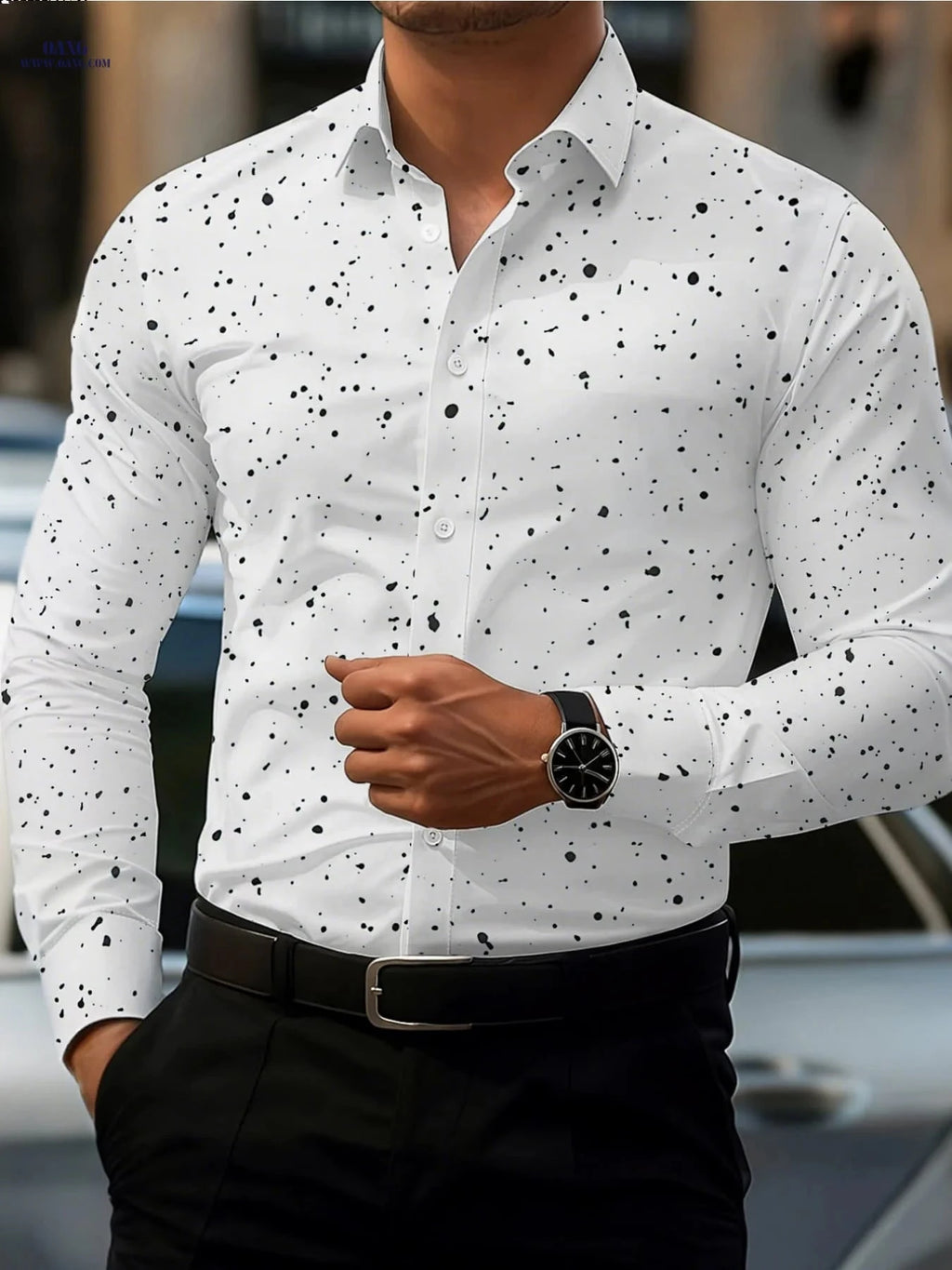 Men's Long Sleeve Casual Shirt - Slim Fit Polka Dot for Spring   OAXG Royal Blue / FR S