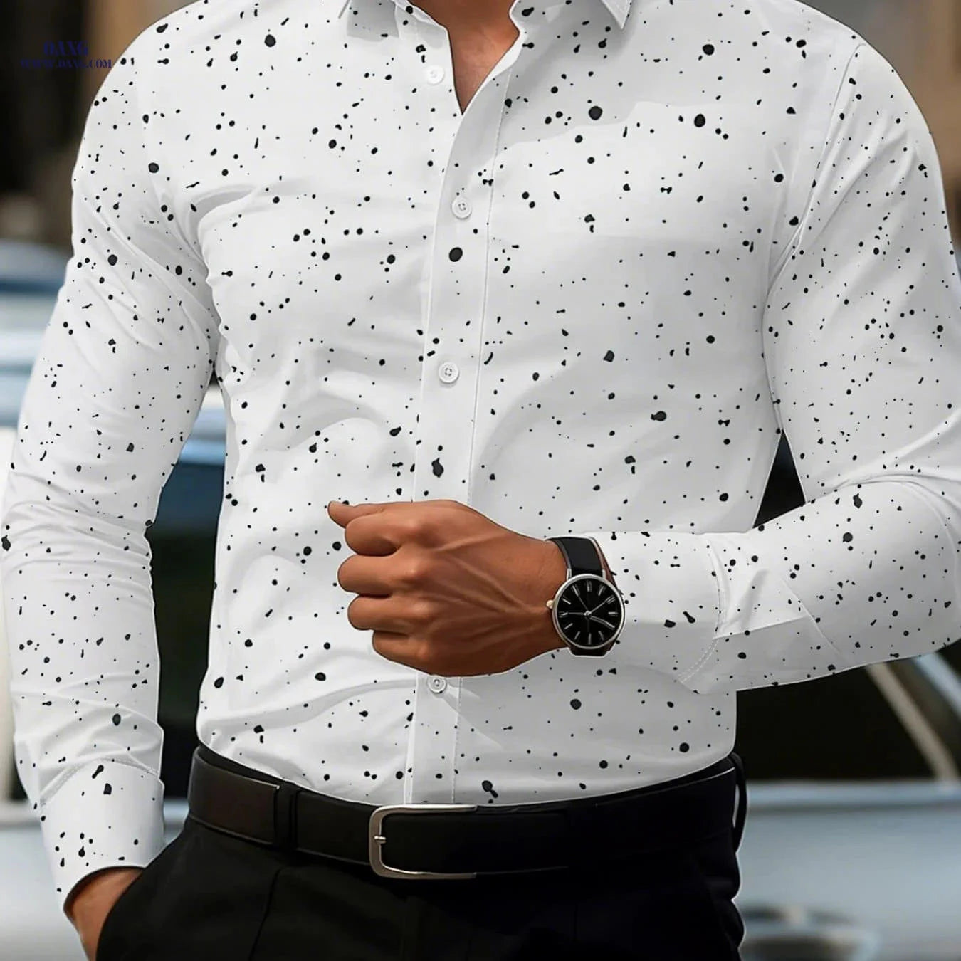 Men's Long Sleeve Casual Shirt - Slim Fit Polka Dot for Spring   OAXG Royal Blue / FR S