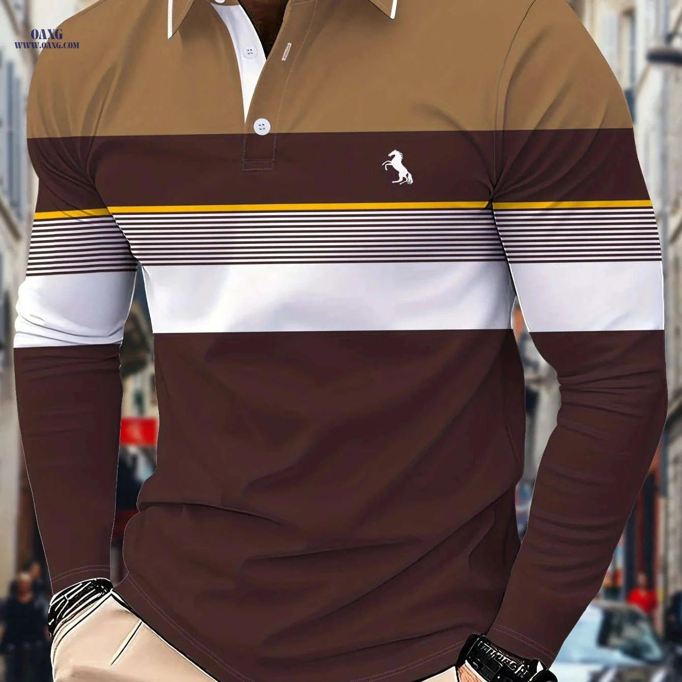 Men's Long-Sleeve Color-Block Polo Shirt - 3D Print for Casual Wear   OAXG 