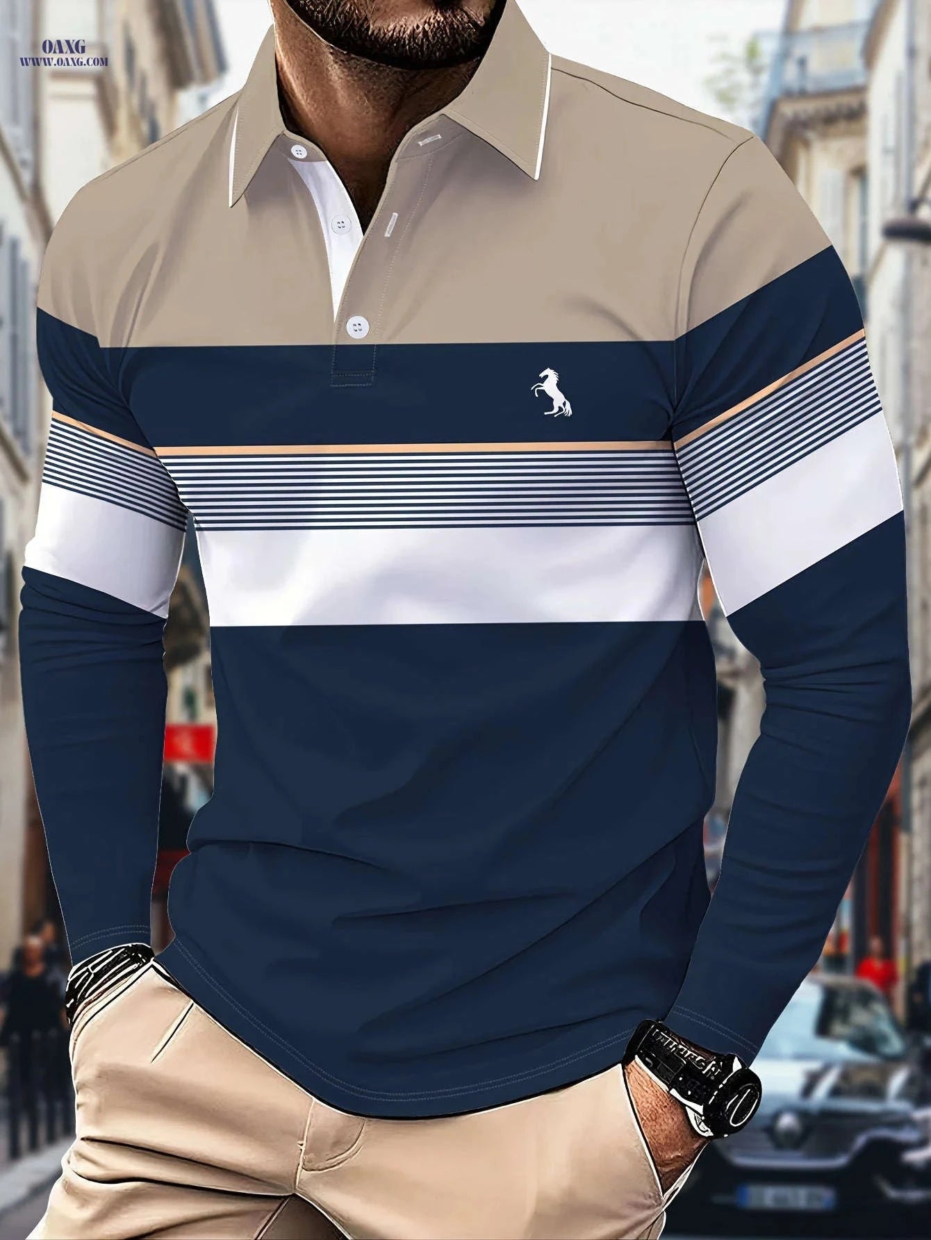 Men's Long-Sleeve Color-Block Polo Shirt - 3D Print for Casual Wear   OAXG 