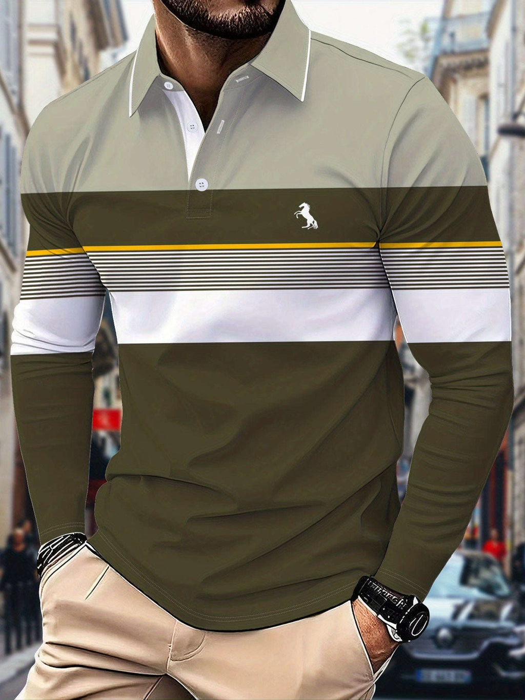 Men's Long-Sleeve Color-Block Polo Shirt - 3D Print for Casual Wear   OAXG 