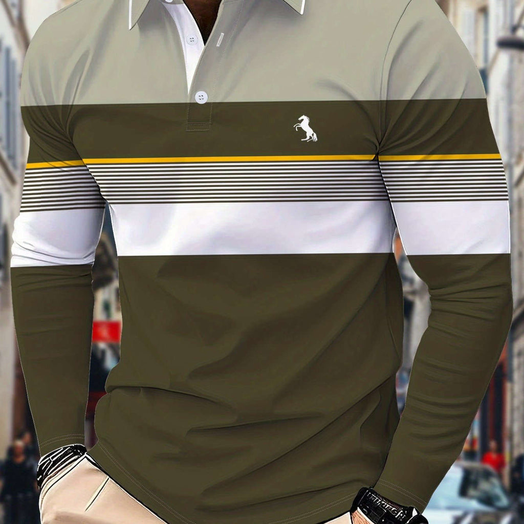 Men's Long-Sleeve Color-Block Polo Shirt - 3D Print for Casual Wear   OAXG 