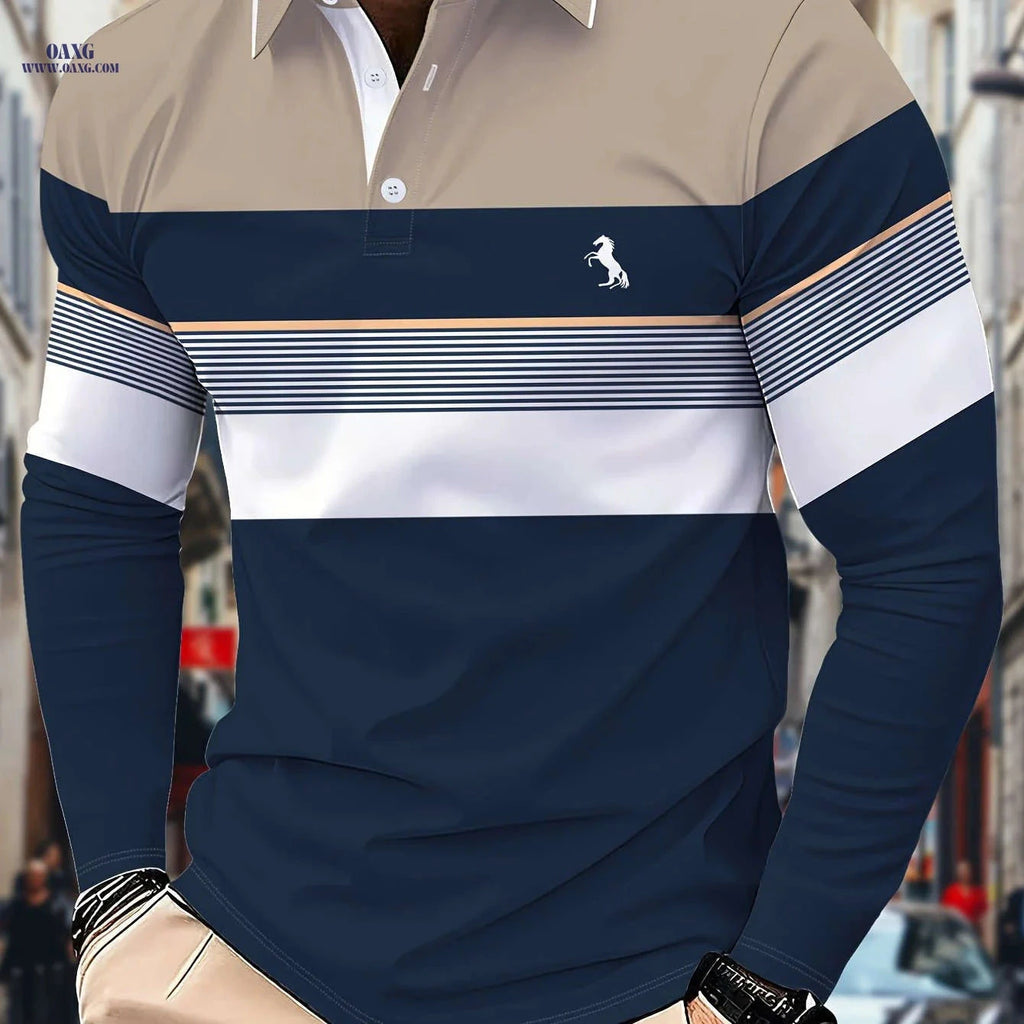 Men's Long-Sleeve Color-Block Polo Shirt - 3D Print for Casual Wear   OAXG 