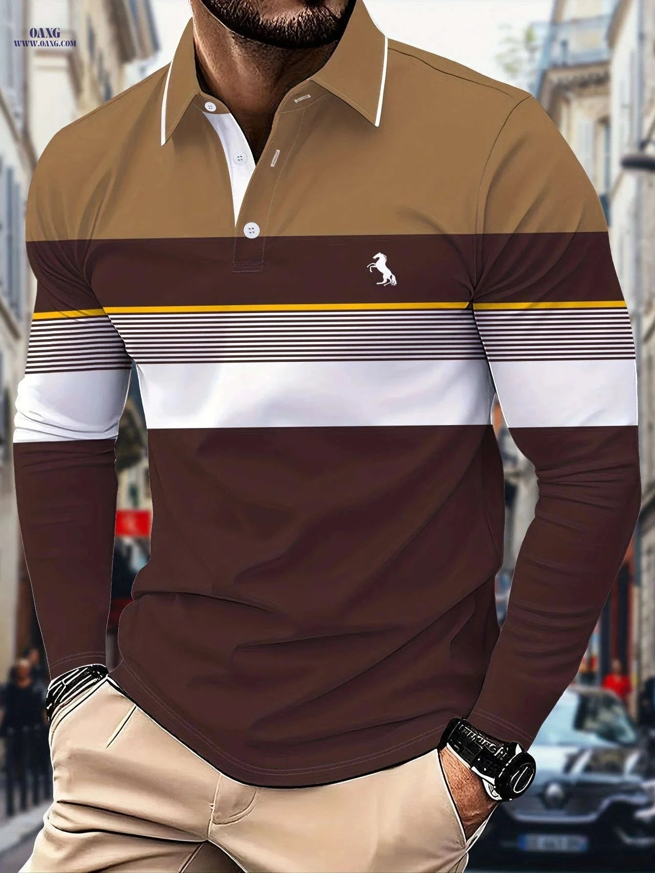 Men's Long-Sleeve Color-Block Polo Shirt - 3D Print for Casual Wear   OAXG 