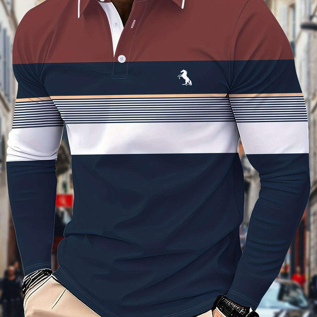 Men's Long-Sleeve Color-Block Polo Shirt - 3D Print for Casual Wear   OAXG 