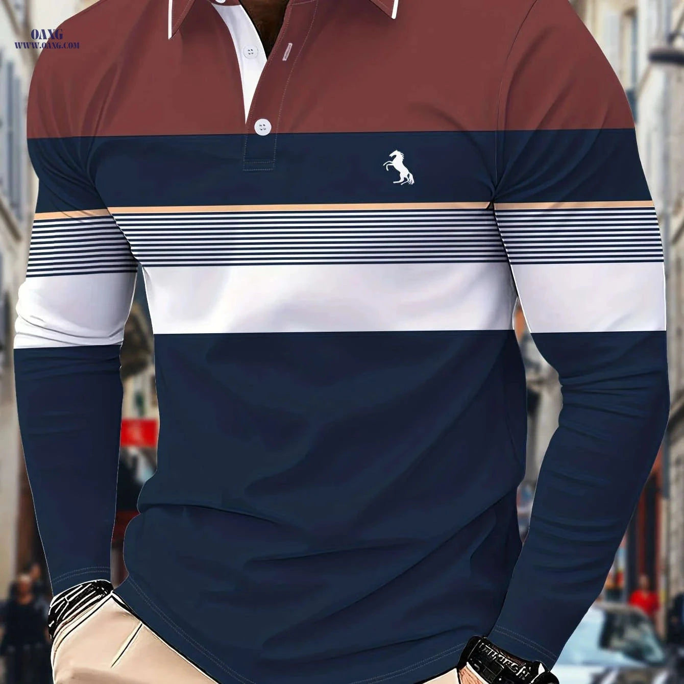 Men's Long-Sleeve Color-Block Polo Shirt - 3D Print for Casual Wear   OAXG 