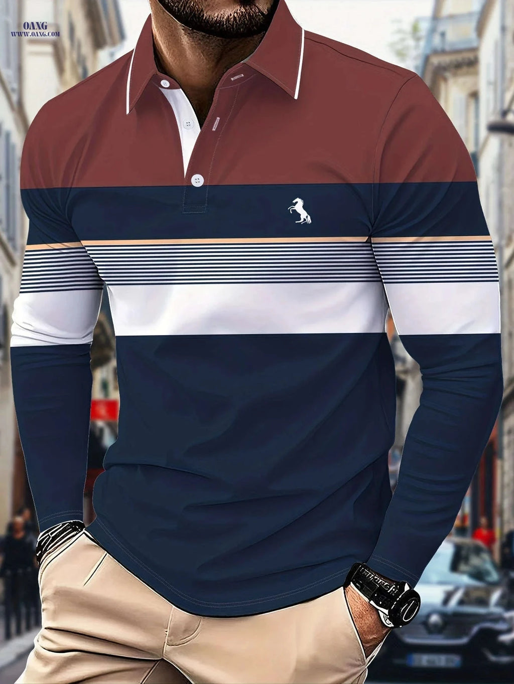 Men's Long-Sleeve Color-Block Polo Shirt - 3D Print for Casual Wear   OAXG 