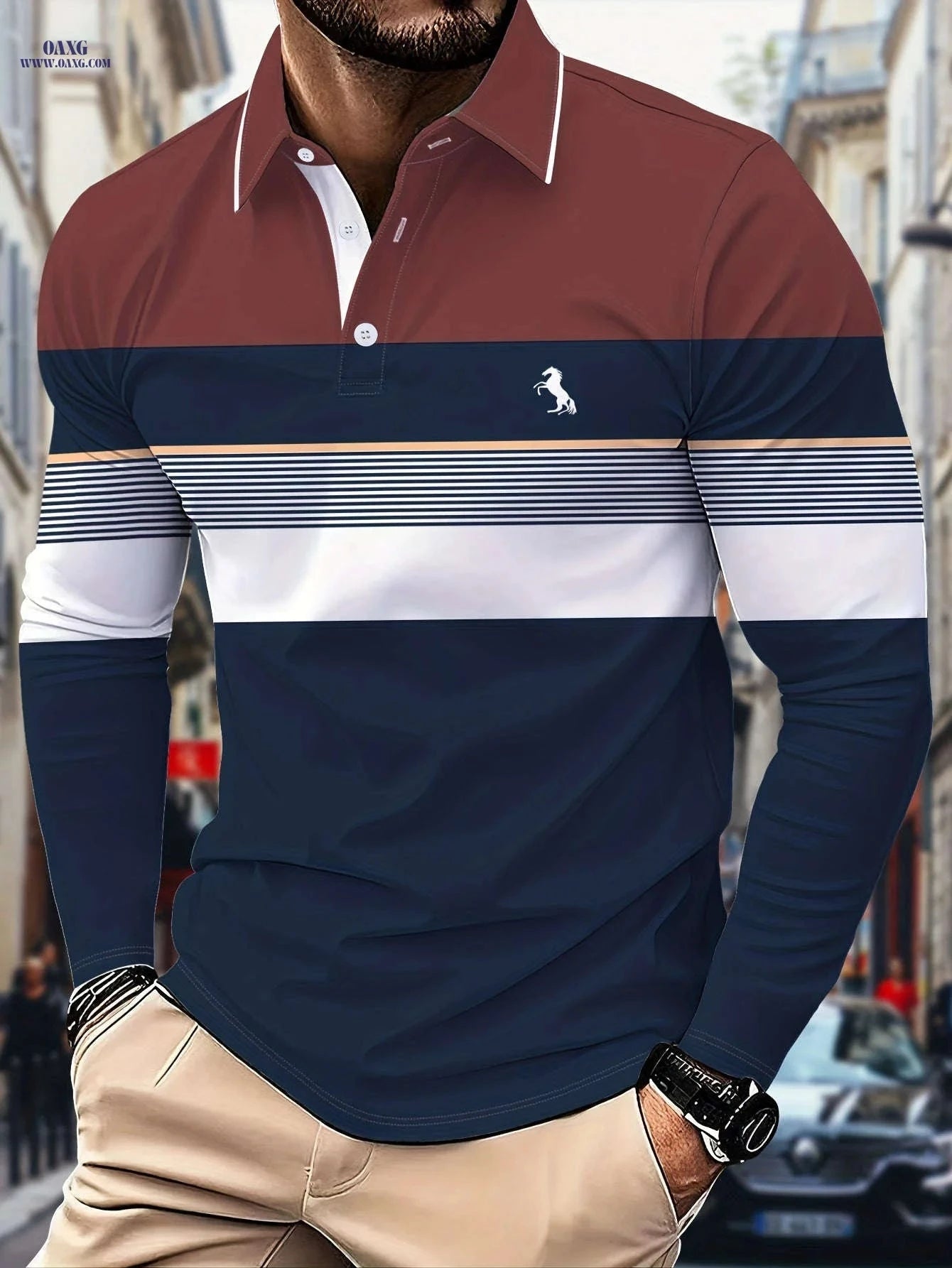Men's Long-Sleeve Color-Block Polo Shirt - 3D Print for Casual Wear   OAXG 