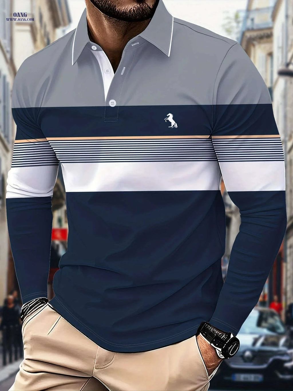 Men's Long-Sleeve Color-Block Polo Shirt - 3D Print for Casual Wear   OAXG Mixed Color / FR S