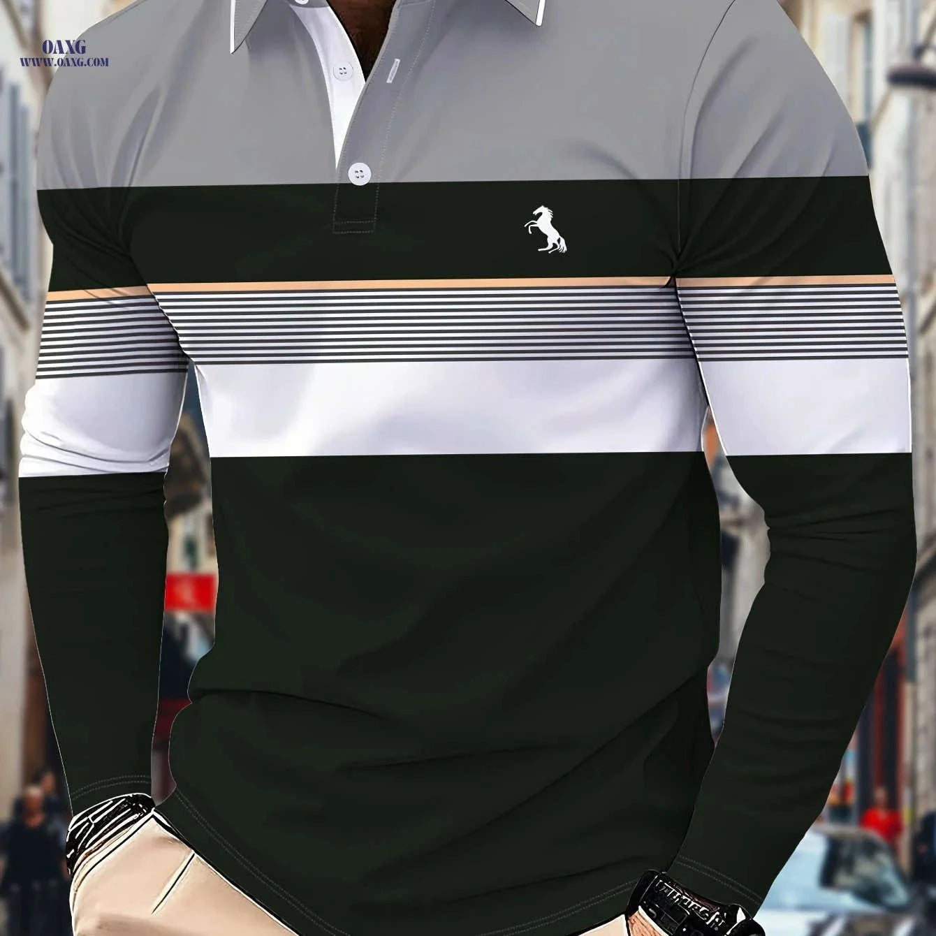 Men's Long-Sleeve Color-Block Polo Shirt - 3D Print for Casual Wear   OAXG Mixed Color / FR S