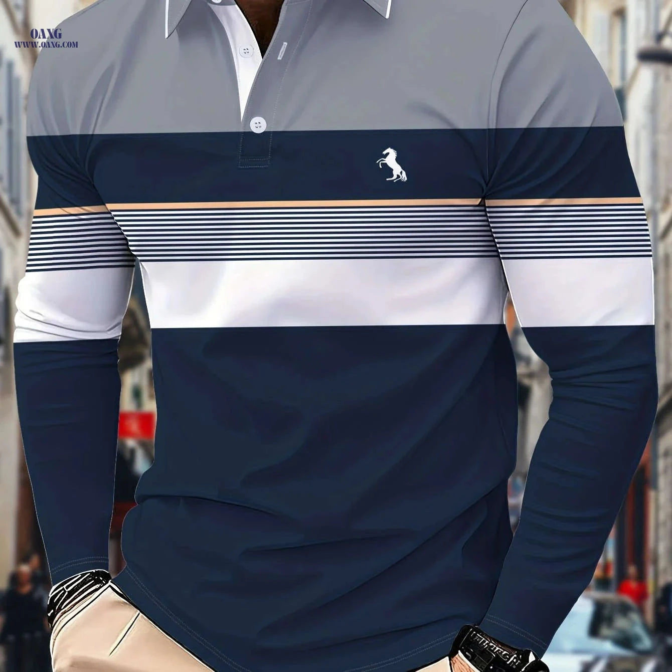 Men's Long-Sleeve Color-Block Polo Shirt - 3D Print for Casual Wear   OAXG Mixed Color / FR S