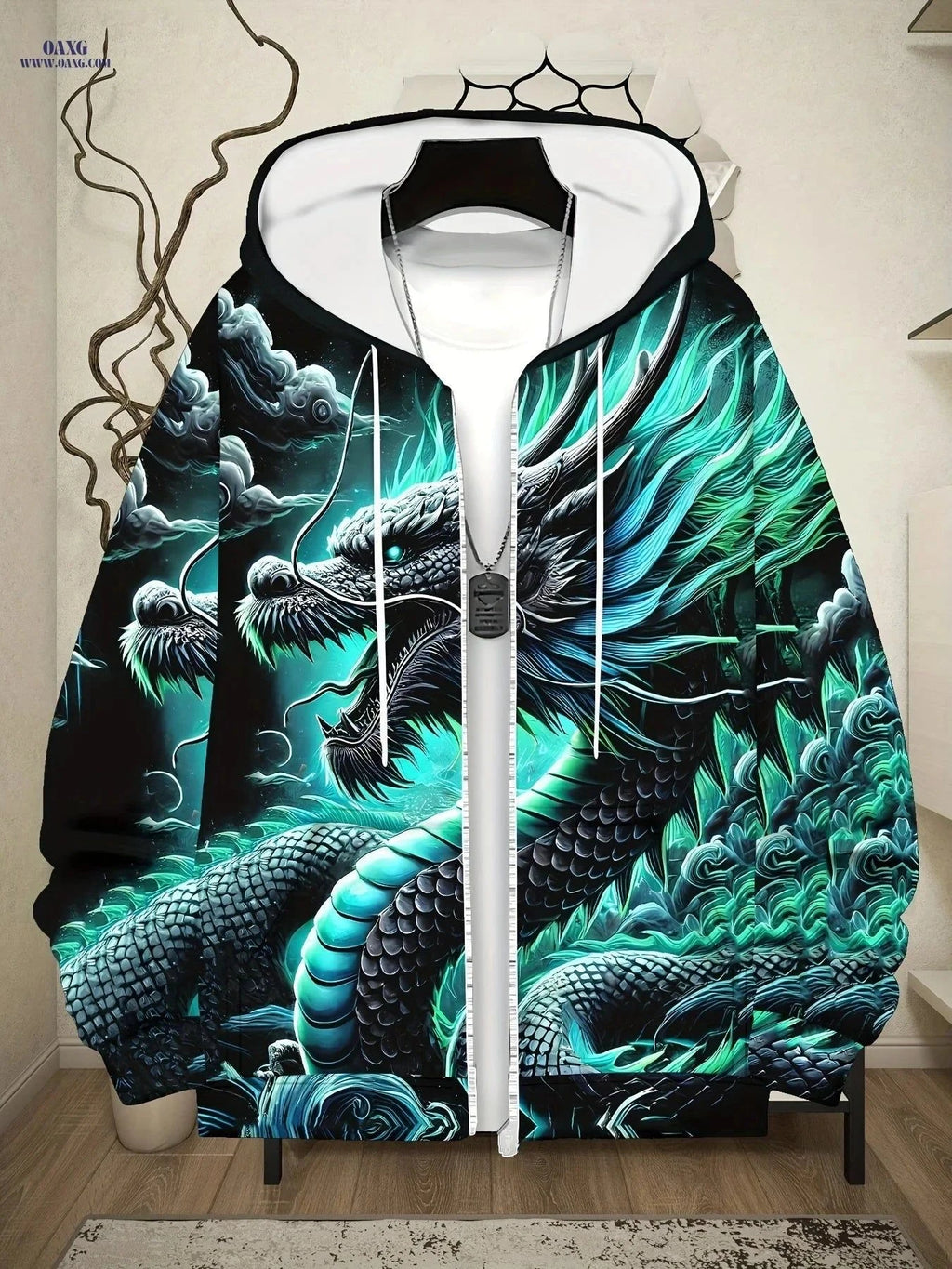 Men's Long Sleeve Dragon Hoodie - Casual Zip-Up Jacket with Pockets   OAXG Mineral Green / FR M
