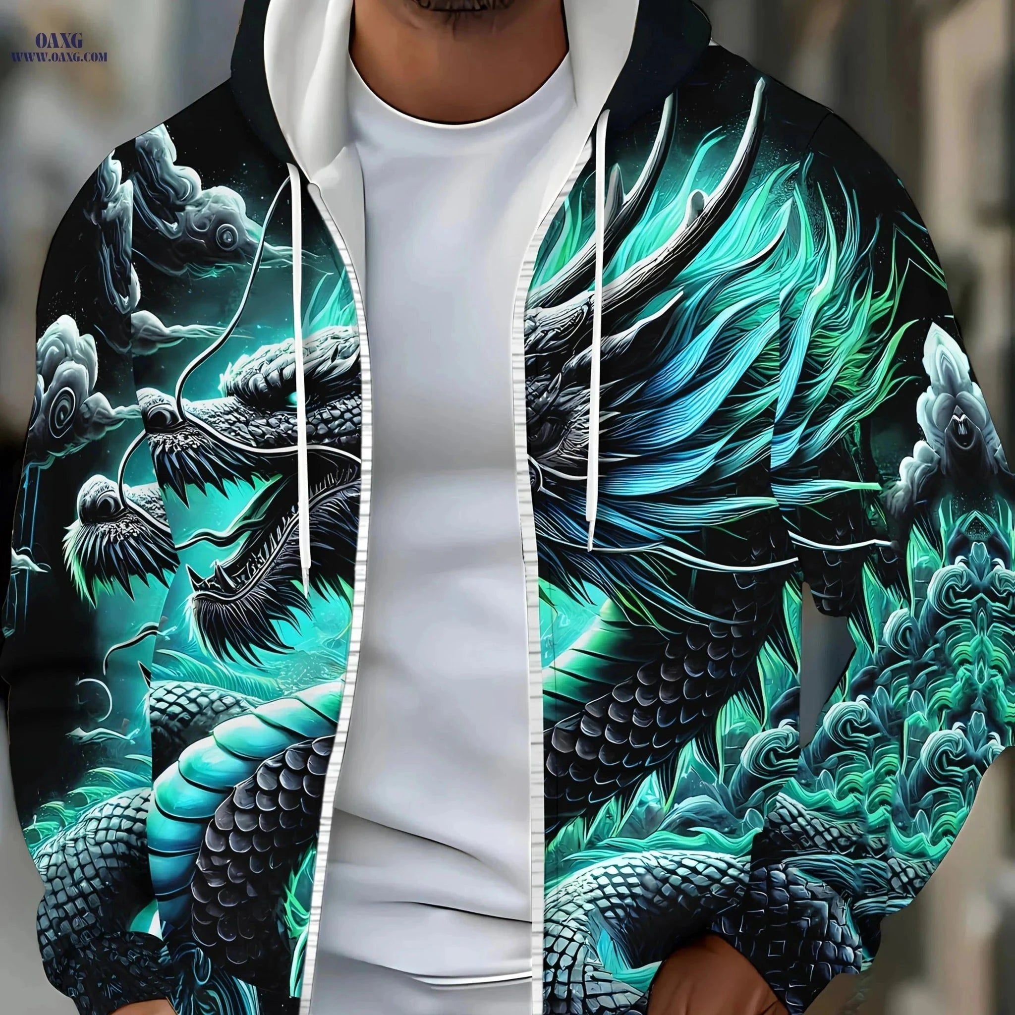 Men's Long Sleeve Dragon Hoodie - Casual Zip-Up Jacket with Pockets   OAXG Mineral Green / FR M