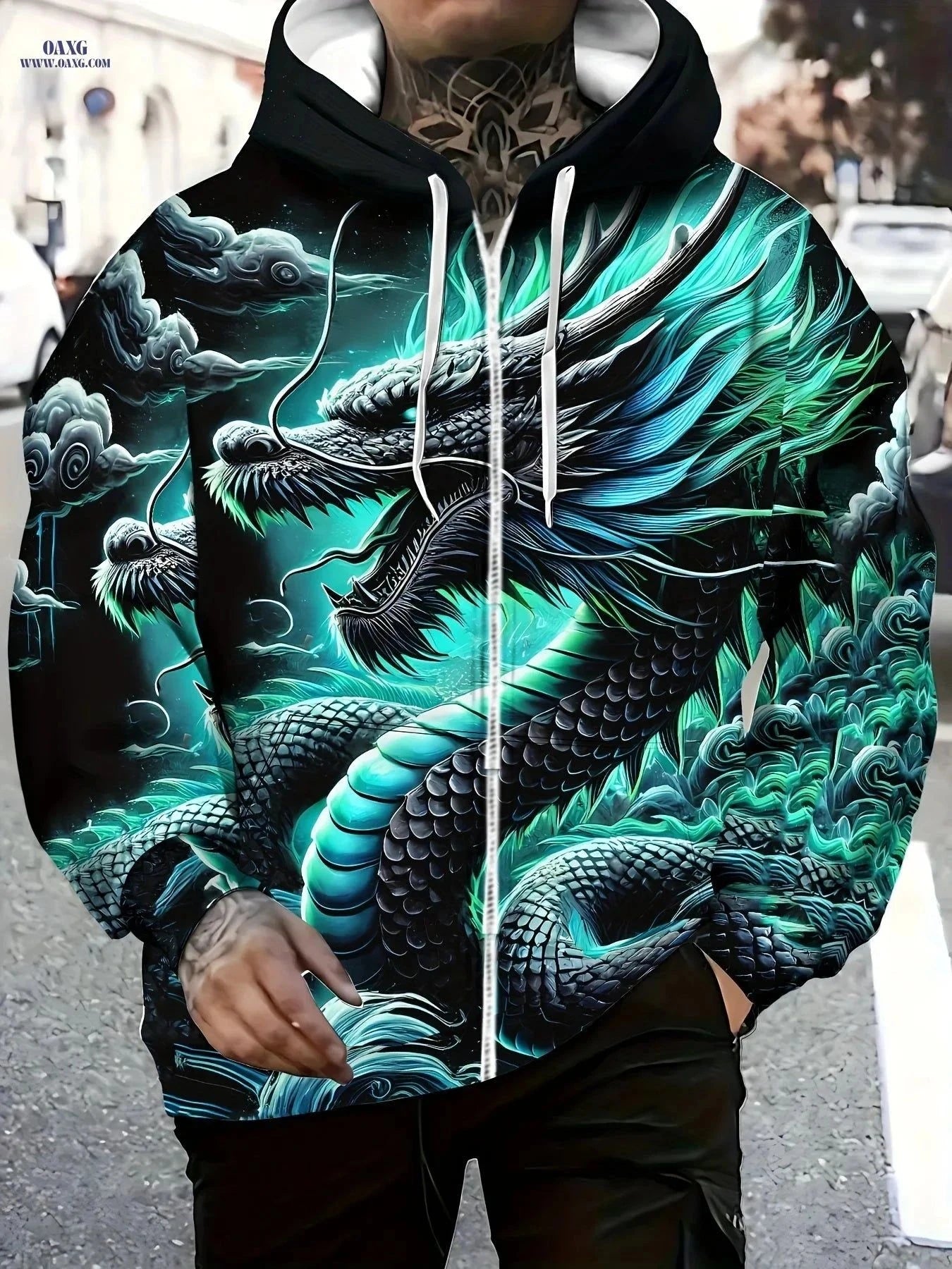 Men's Long Sleeve Dragon Hoodie - Casual Zip-Up Jacket with Pockets   OAXG Mineral Green / FR M
