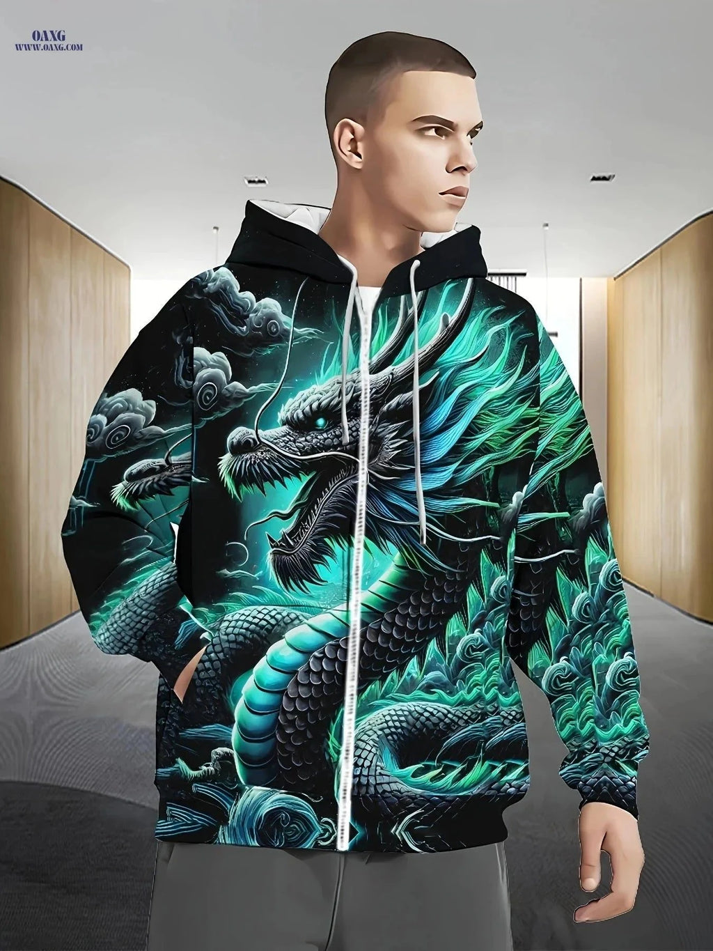 Men's Long Sleeve Dragon Hoodie - Casual Zip-Up Jacket with Pockets   OAXG Mineral Green / FR M