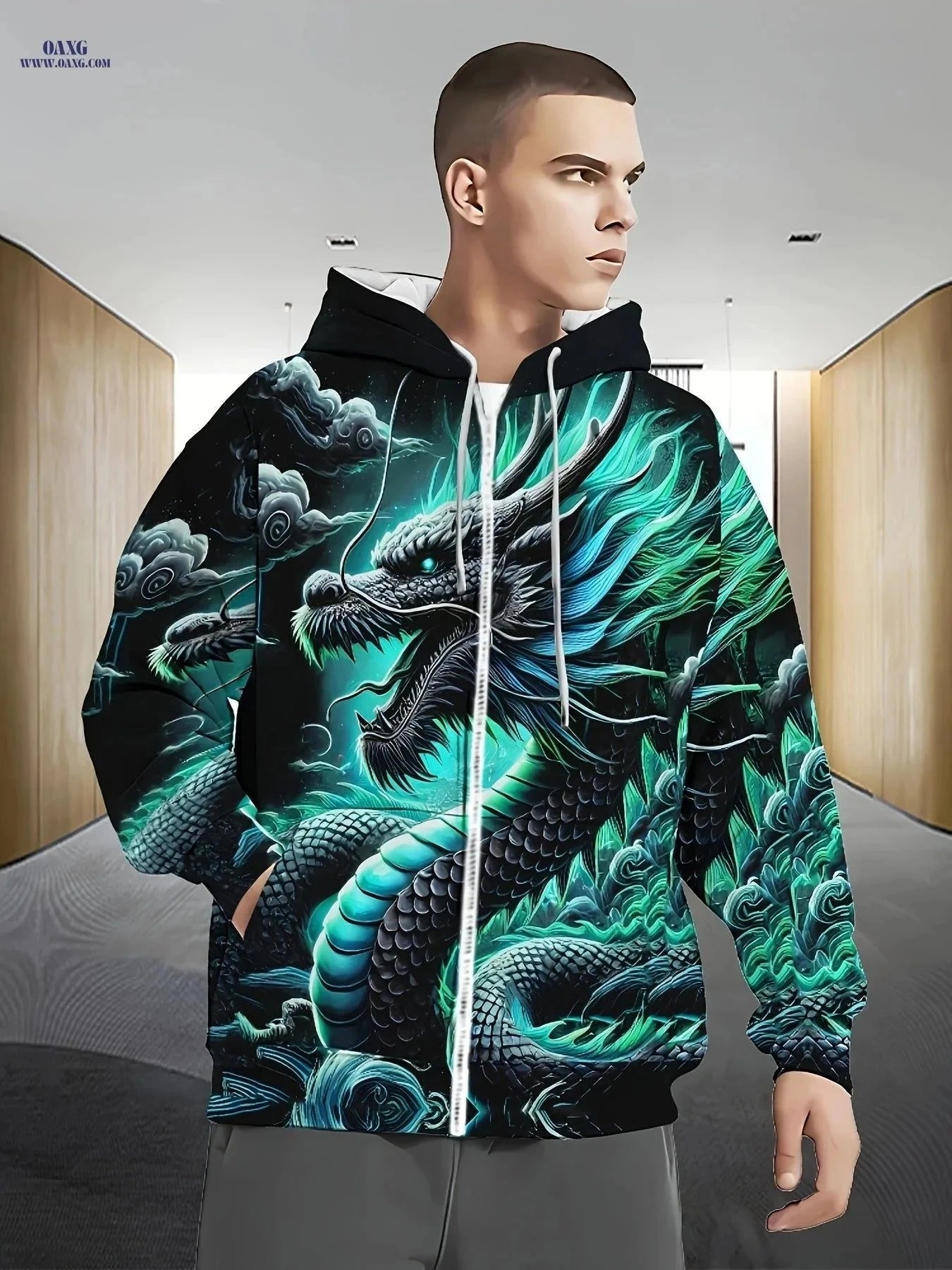 Men's Long Sleeve Dragon Hoodie - Casual Zip-Up Jacket with Pockets   OAXG Mineral Green / FR M