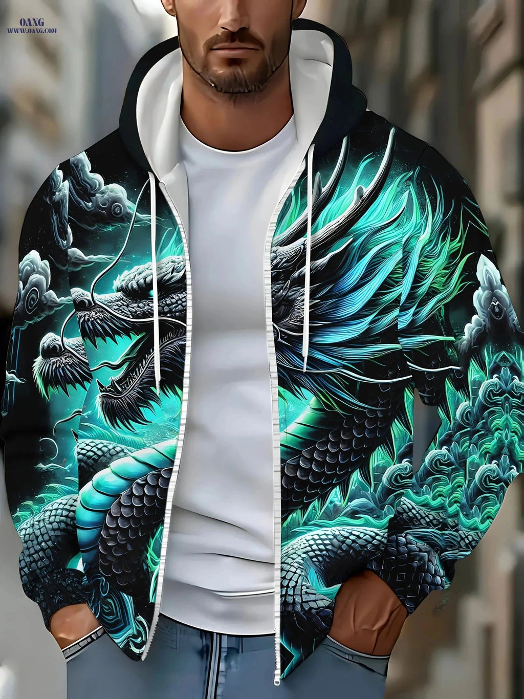 Men's Long Sleeve Dragon Hoodie - Casual Zip-Up Jacket with Pockets   OAXG Mineral Green / FR M