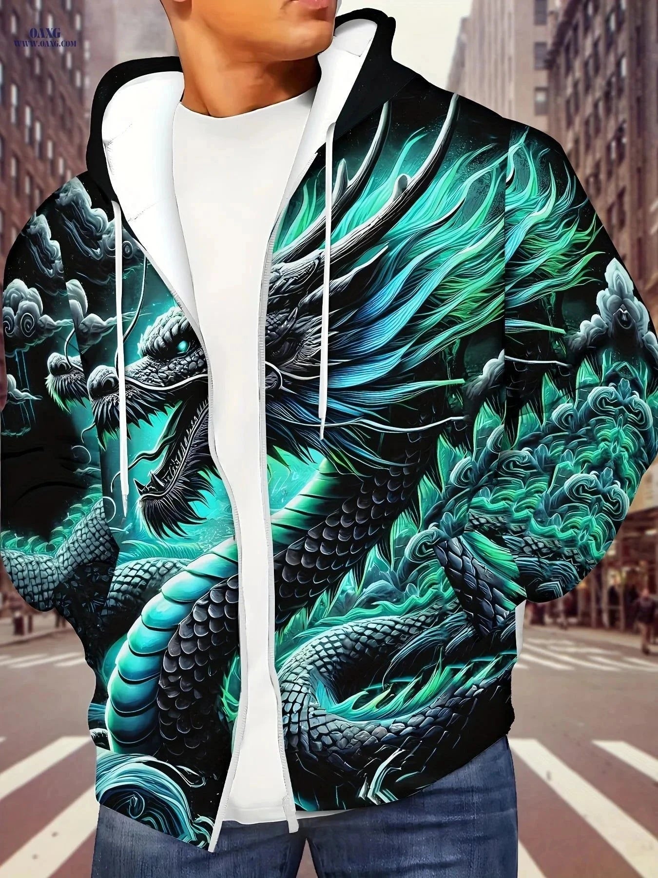 Men's Long Sleeve Dragon Hoodie - Casual Zip-Up Jacket with Pockets   OAXG Mineral Green / FR M