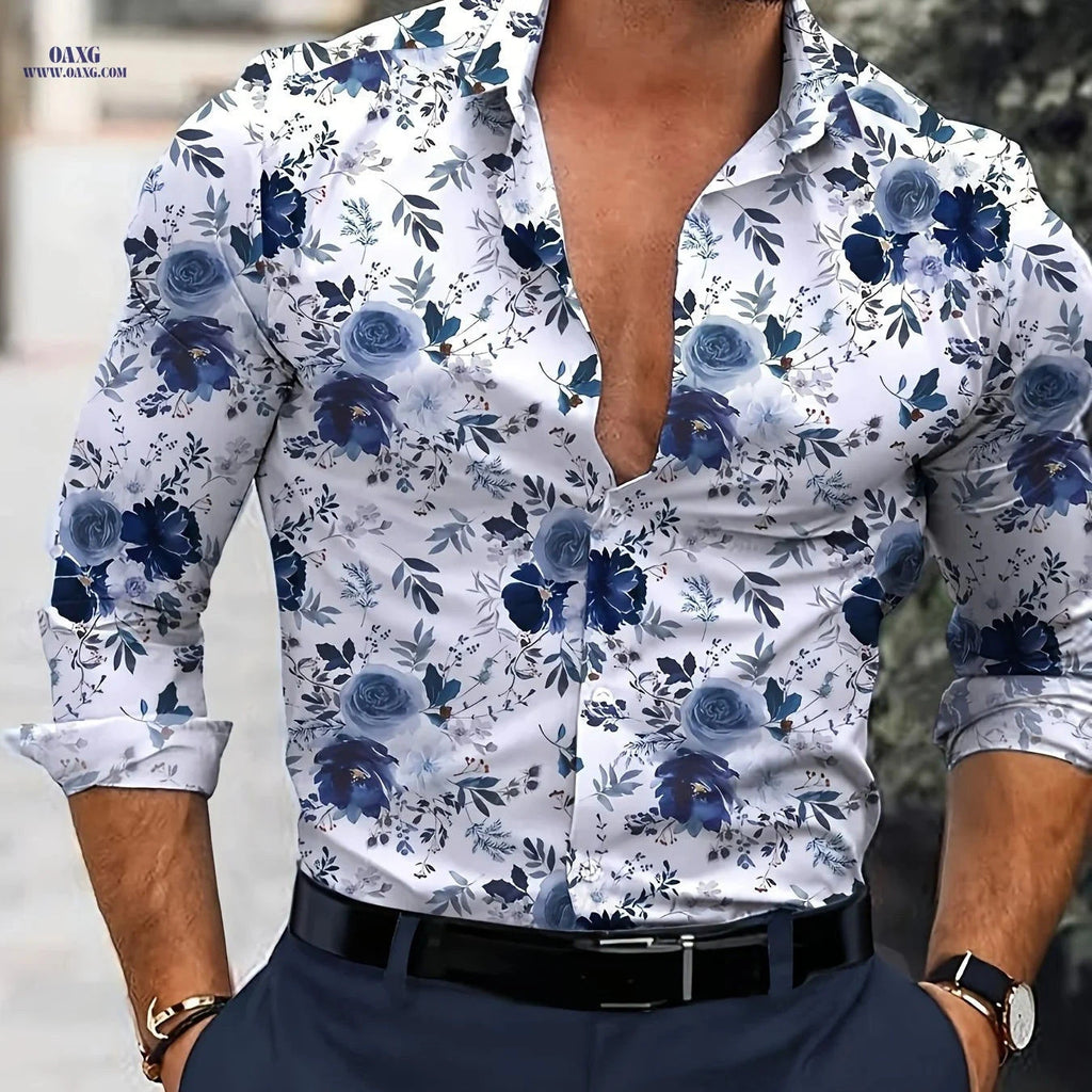 Men's Long Sleeve Floral Shirt - Casual Style for Parties   OAXG 