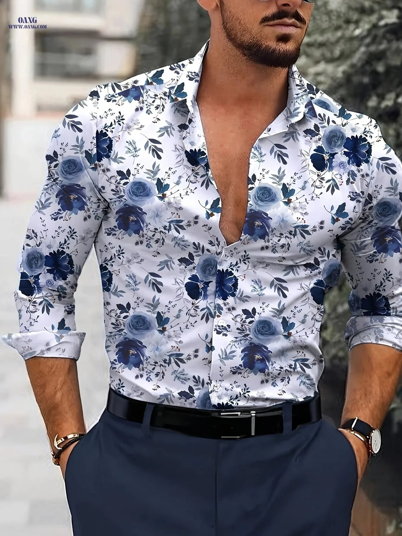 Men's Long Sleeve Floral Shirt - Casual Style for Parties   OAXG Blue / FR S